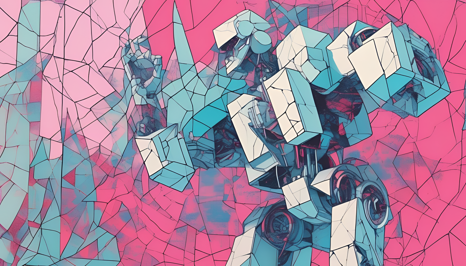 Colorful risograph aesthetic background with a cracked robotic sculpture.