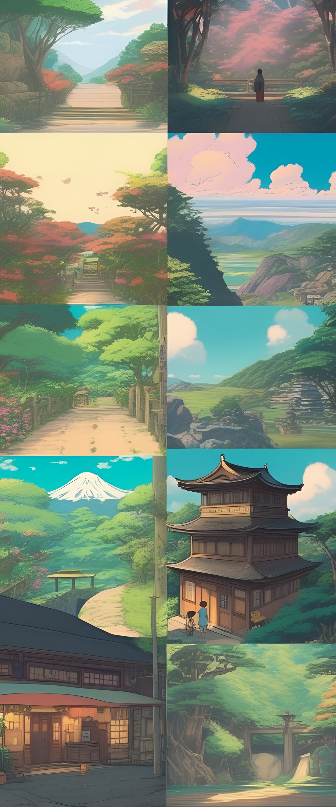 A peaceful countryside with rolling hills, colorful flowers, and a quaint village in the style of Studio Ghibli.