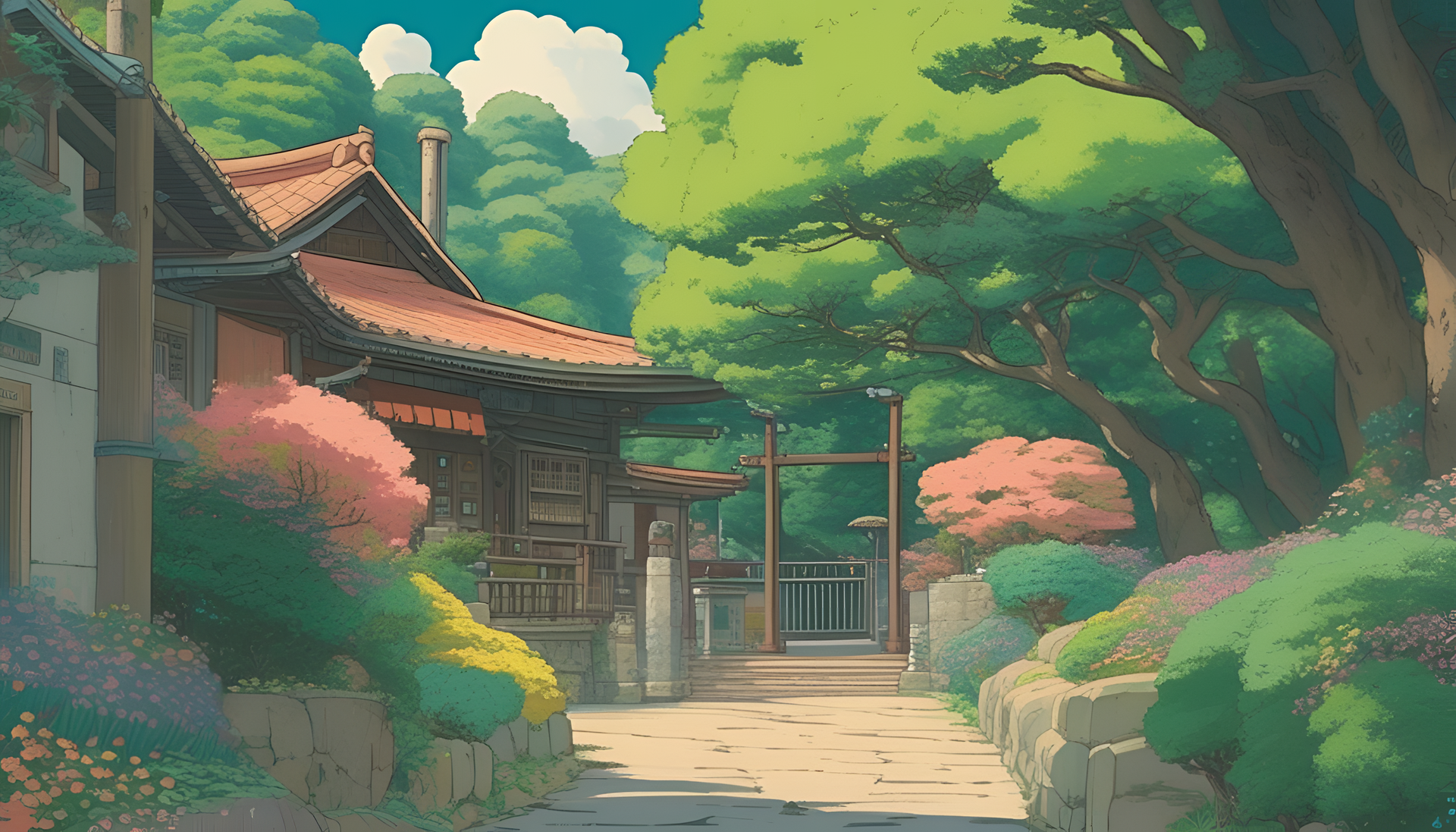 A serene landscape with trees, hills, and a sparkling river, inspired by Studio Ghibli aesthetic.