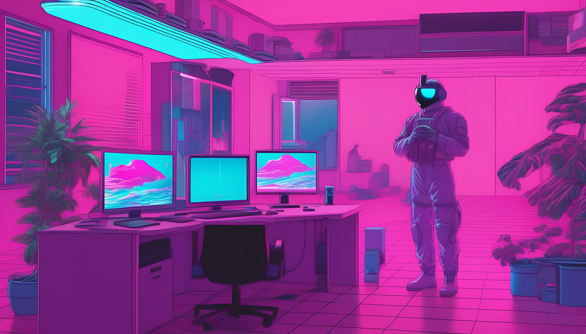 Colorful vaporwave artwork inspired by Among Us characters.