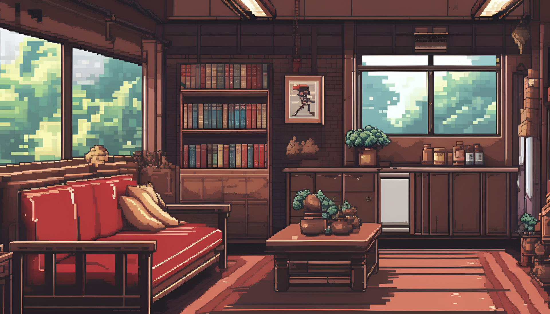 Anime scenery in pixel art style with vibrant colors and a matte finish.