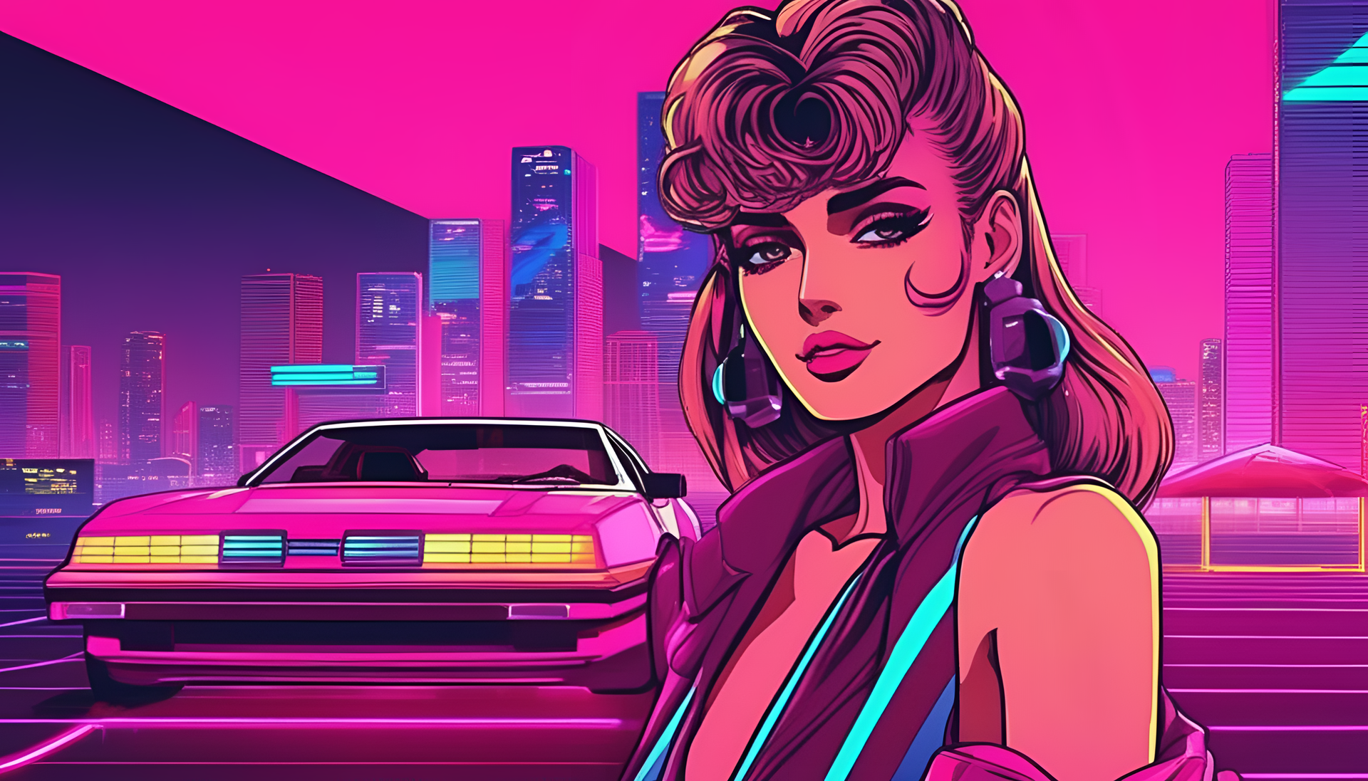 Glamorous anime girl in a colorful 80s Miami-style background.