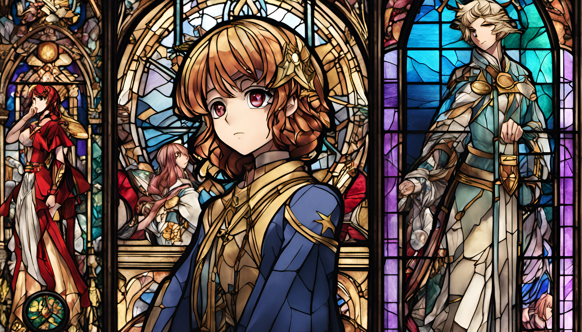 Colorful anime character in stained glass style.