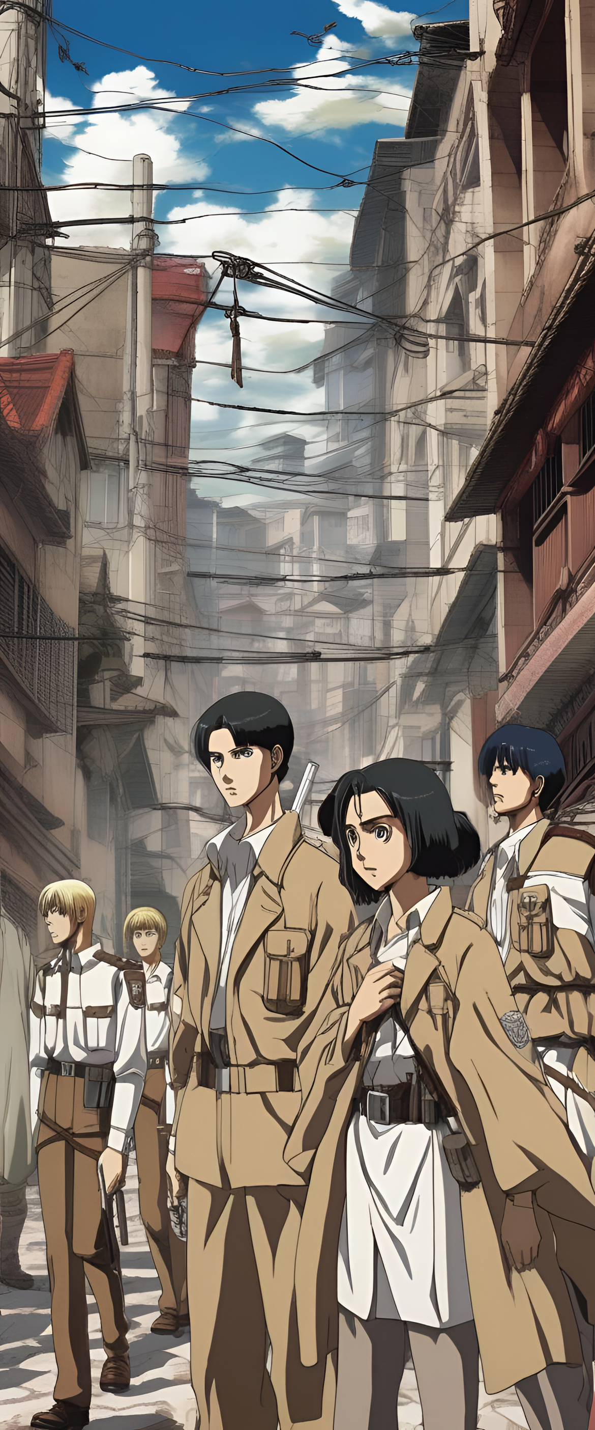 Attack on Titan wallpaper featuring iconic characters and 1990s anime style.