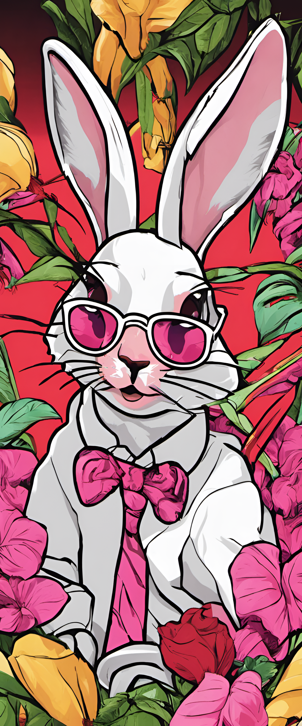 Bad Bunny in vibrant colors on a phone wallpaper.