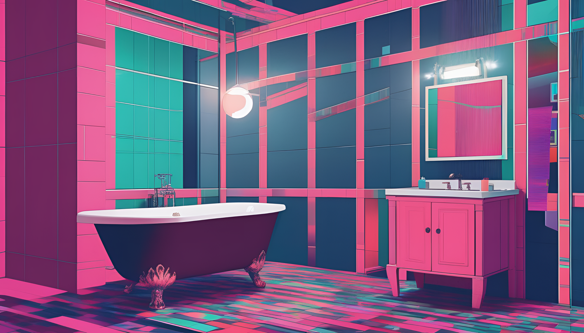 Glitched bathroom wallpaper in high-definition.