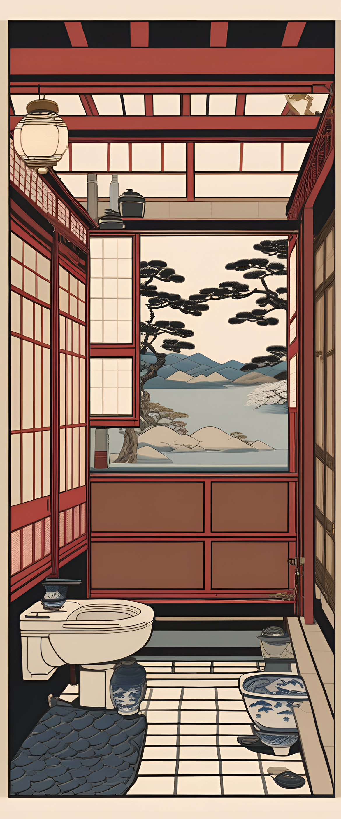 Traditional Japanese-inspired artwork featuring a serene bathroom scene with Ukiyo-e aesthetic.