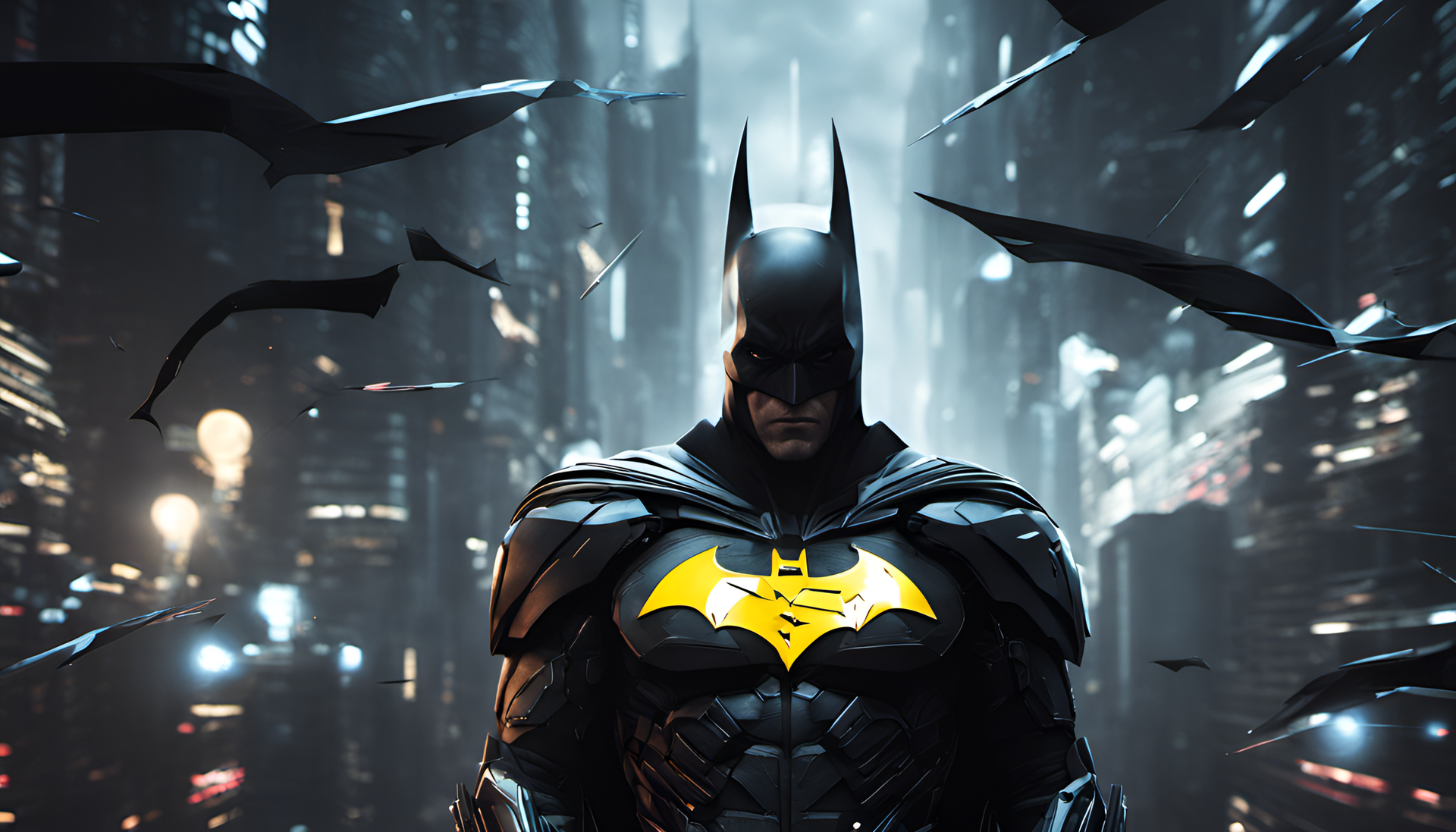 Futuristic Batman in intense pose with glowing logo against dark backdrop