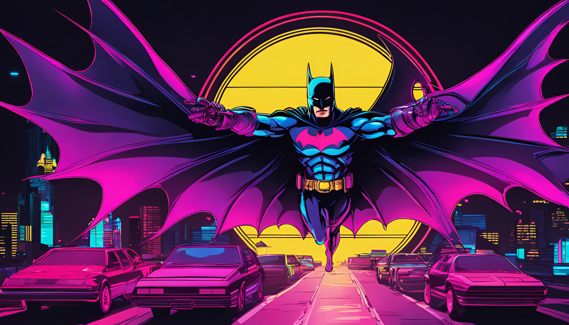 Energetic batman in a retrowave style with intricate details.