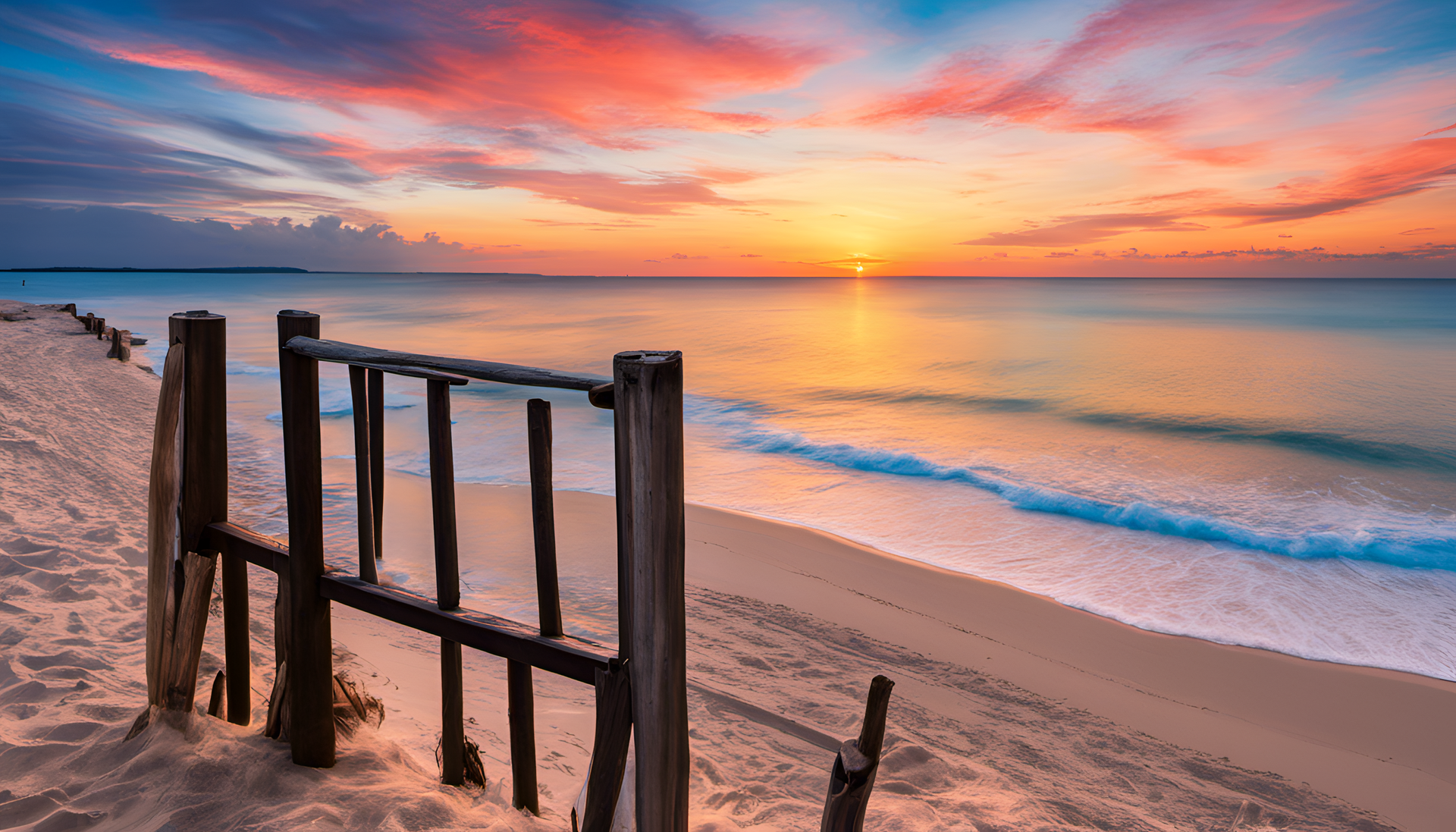 Colorful beach landscape with clear blue sea, golden sandy shore, and lush green palm trees.