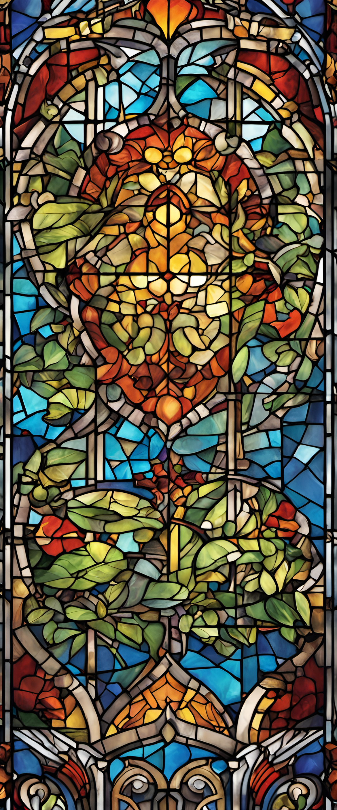 Colorful stained glass design featuring vibrant geometric patterns.