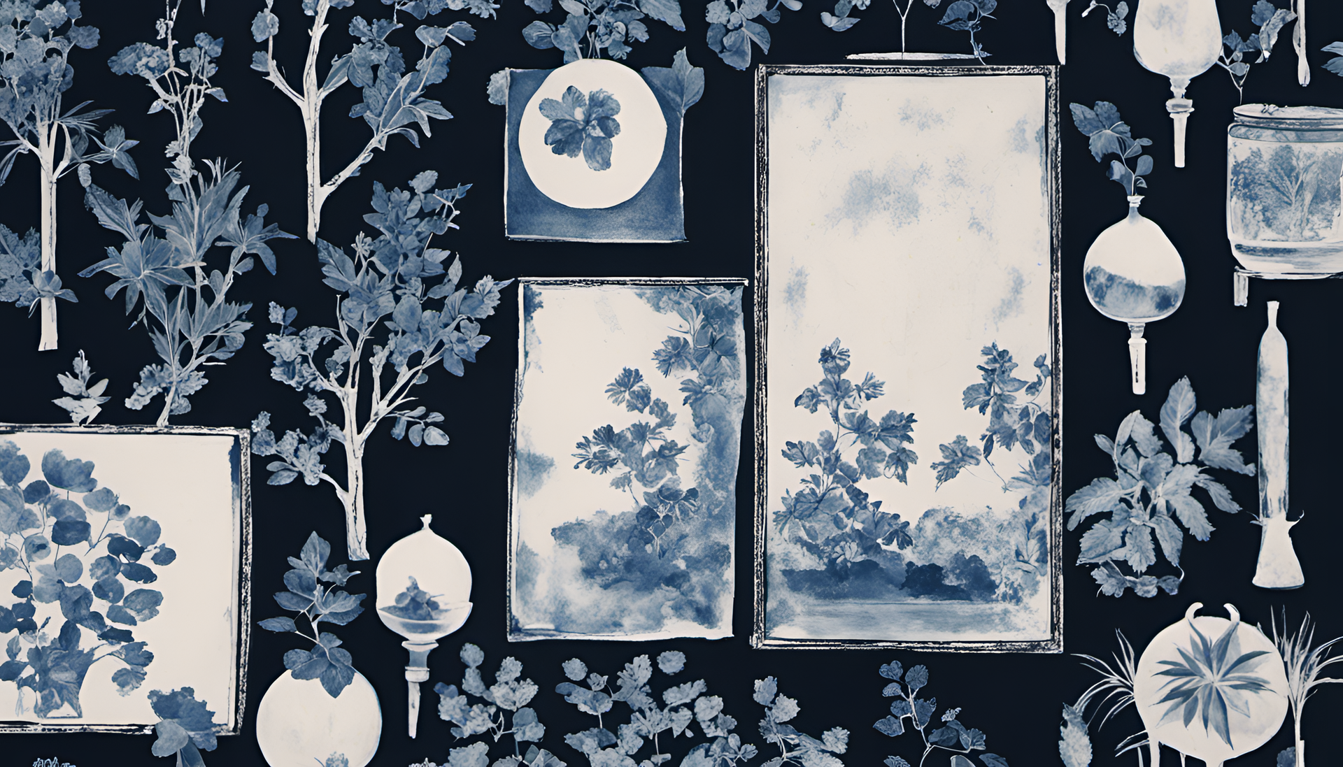 Black aesthetic cyanotype print wallpaper