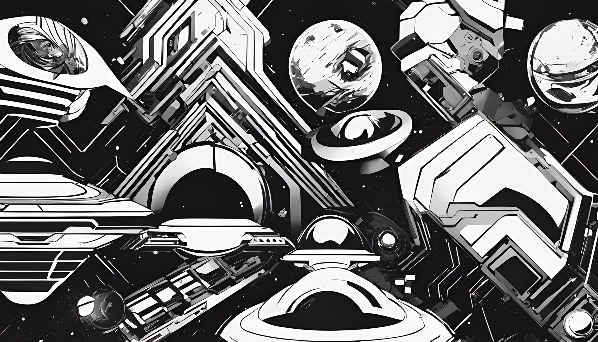 Abstract black and white artwork with an 80's sci-fi vibe.