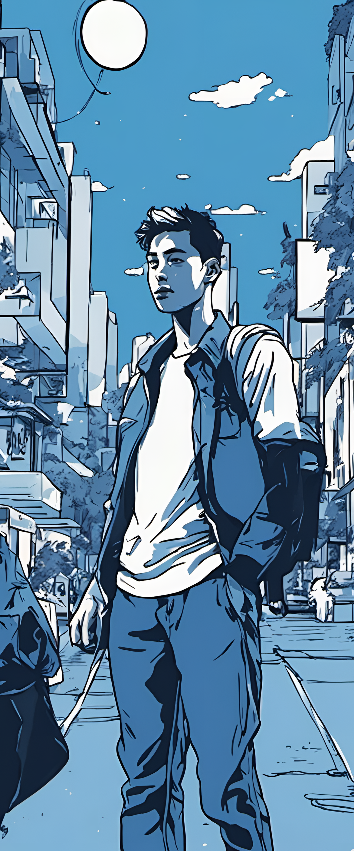 Blue aesthetic wallpaper with rotoscope animation style.