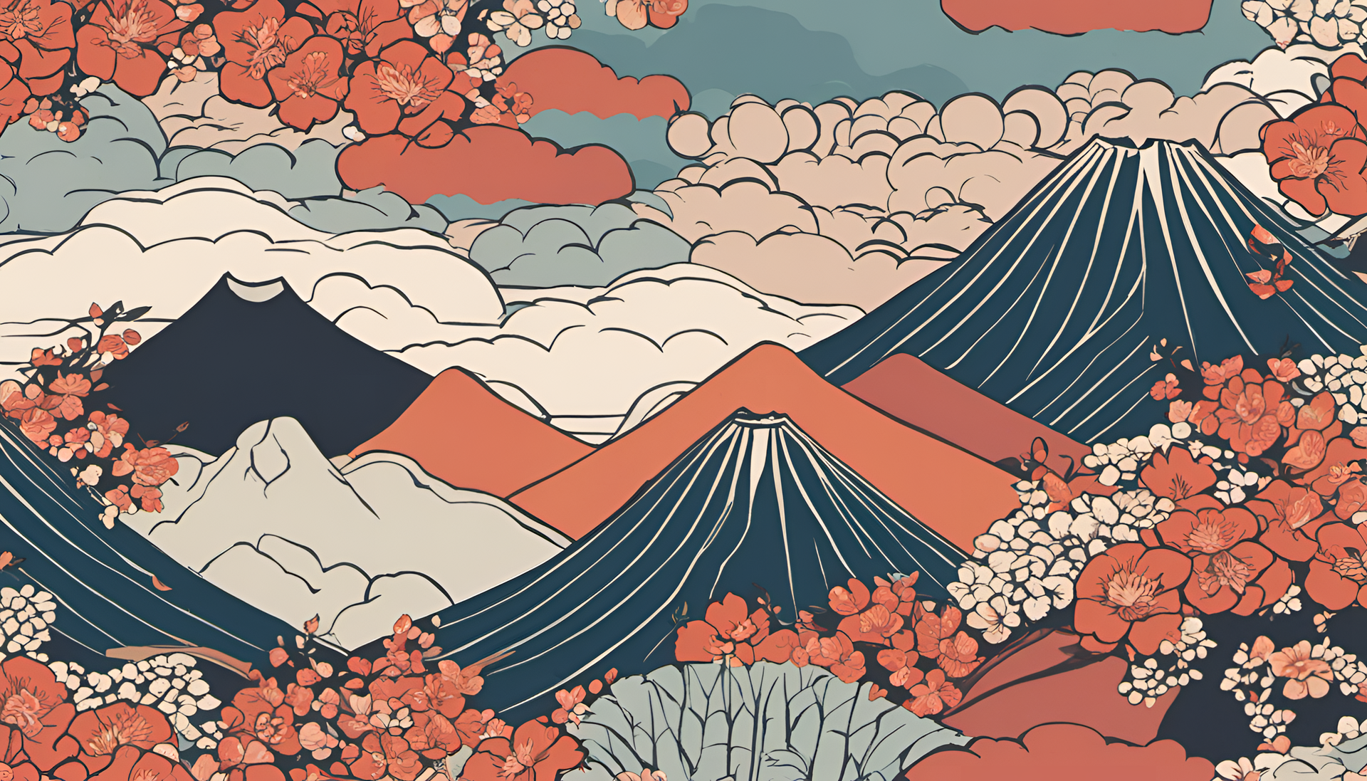 Colorful, Ukiyo-e style boho wallpaper.