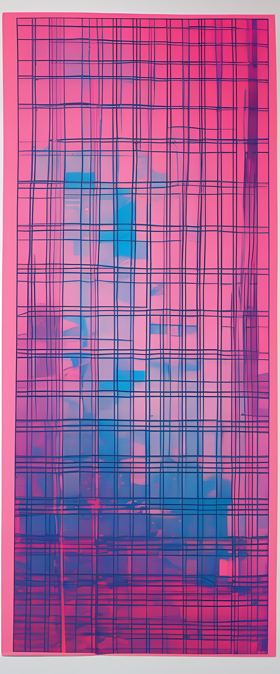 Abstract pattern resembling a broken screen with vibrant risograph colors.