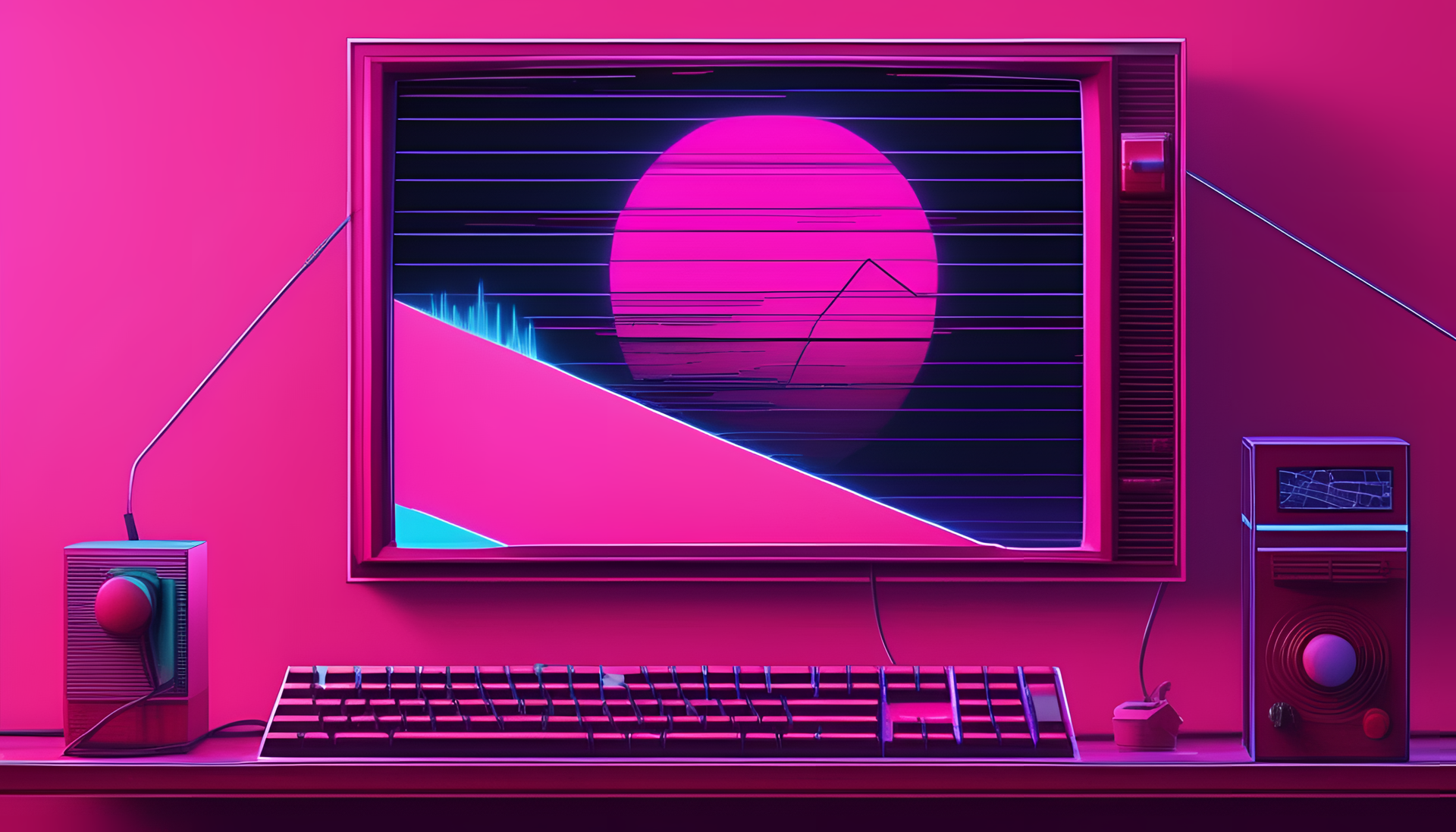 Retrowave-style broken screen wallpaper.