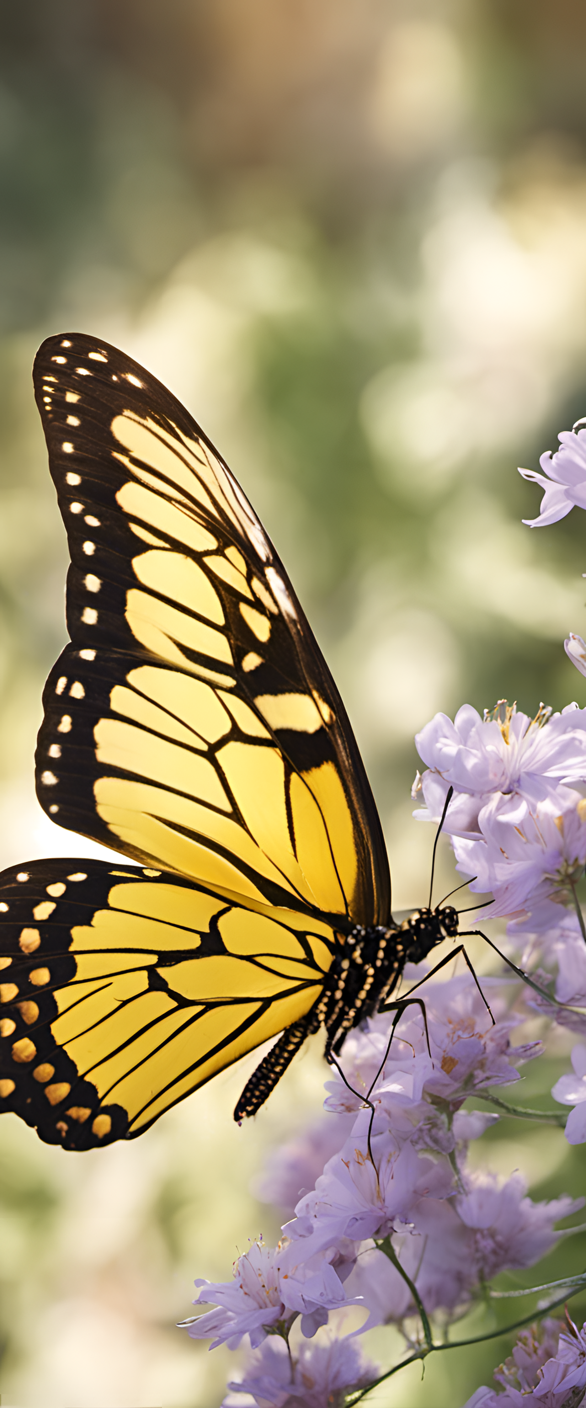 Golden butterfly taking flight against a backdrop of vibrant colors.