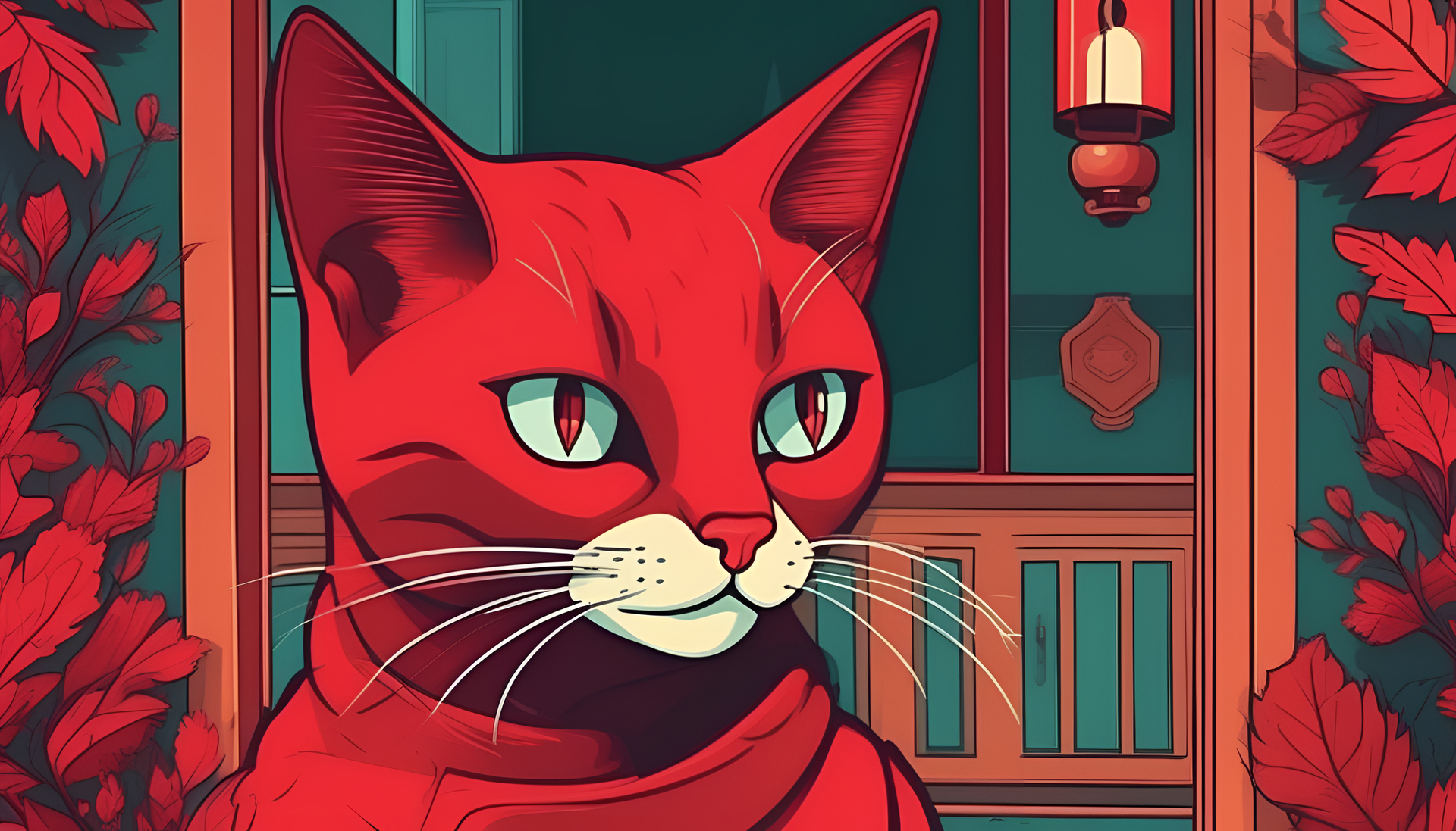 Bold red cartoon cat sitting on a vibrant background.