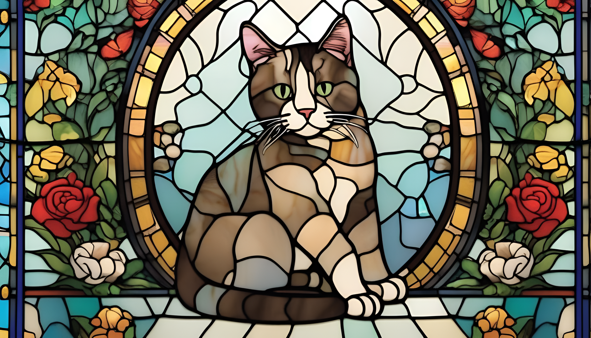 Stained glass cartoon cat with vibrant colors.