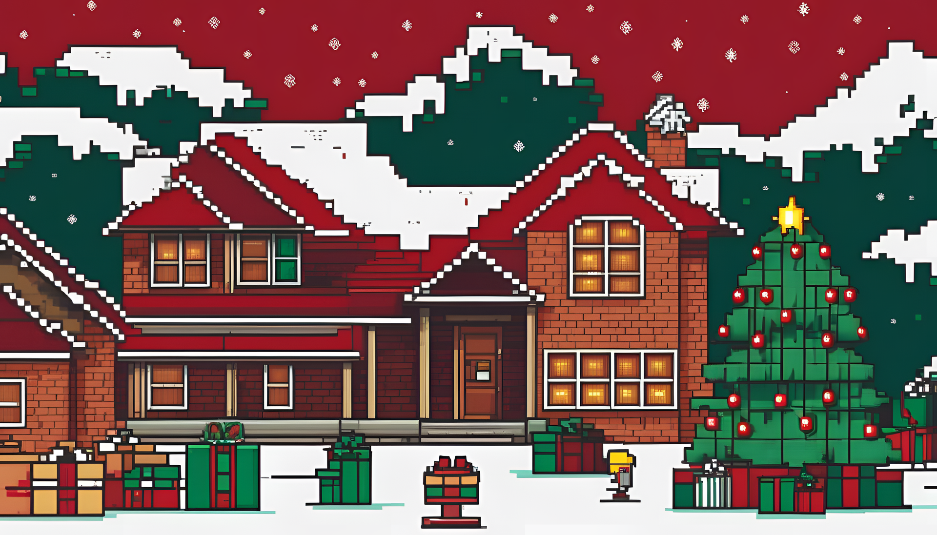 Holiday-themed digital artwork featuring an eight-bit Christmas background.