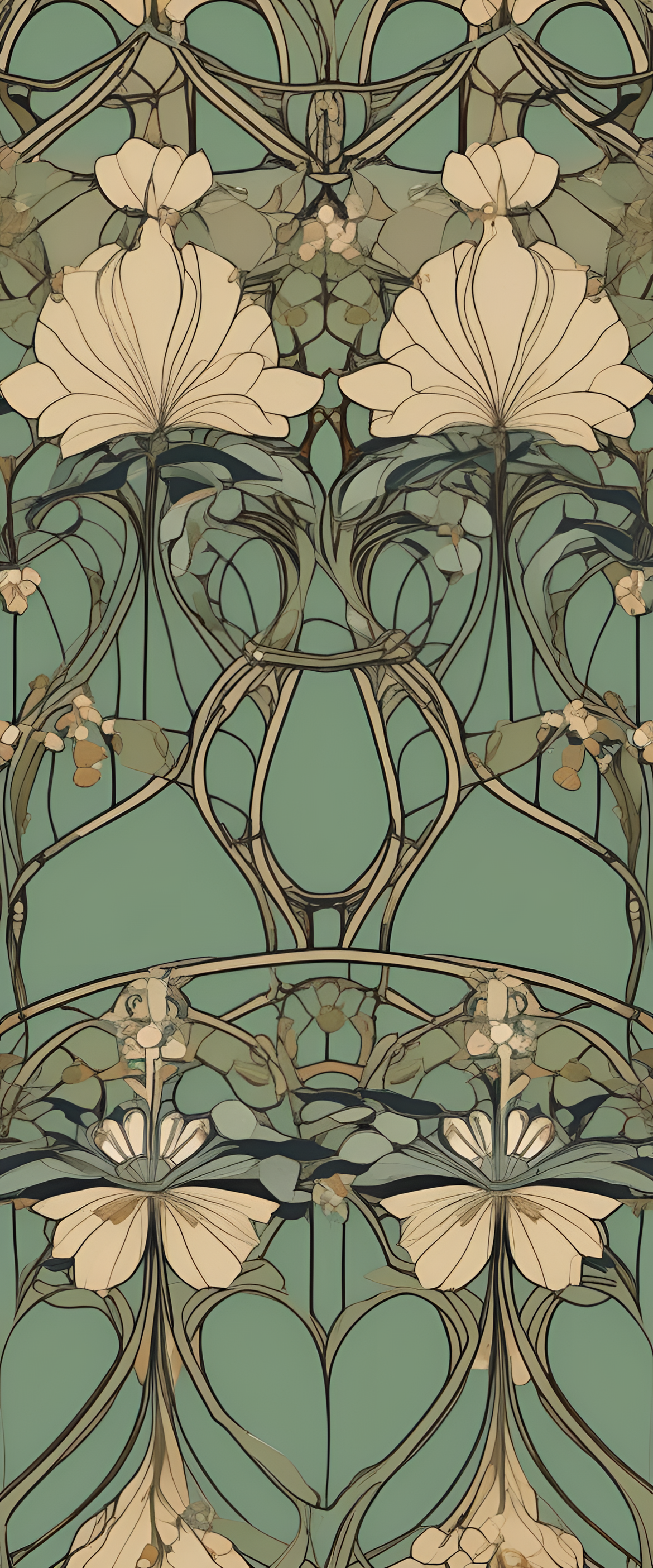 Art nouveau Christmas wallpaper featuring swirling designs and festive elements.