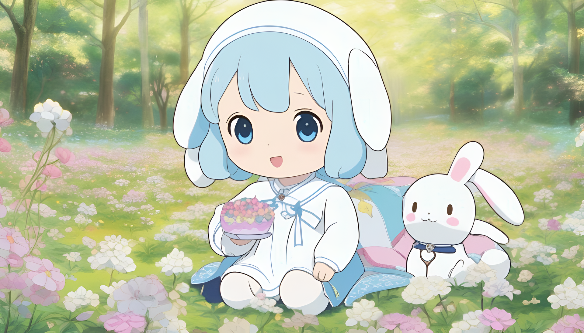 Cinnamoroll flying among fluffy clouds.