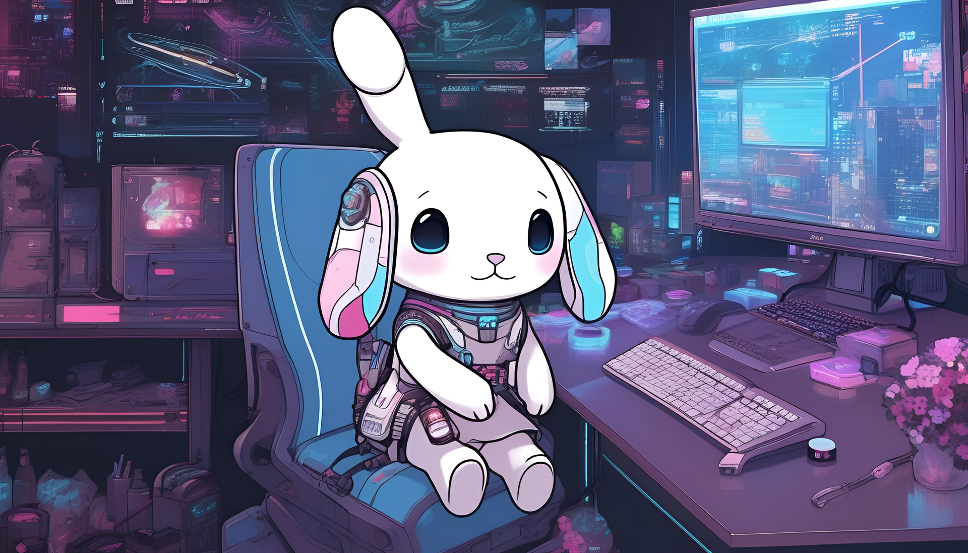 Cyberpunk Cinnamoroll in a futuristic cityscape.