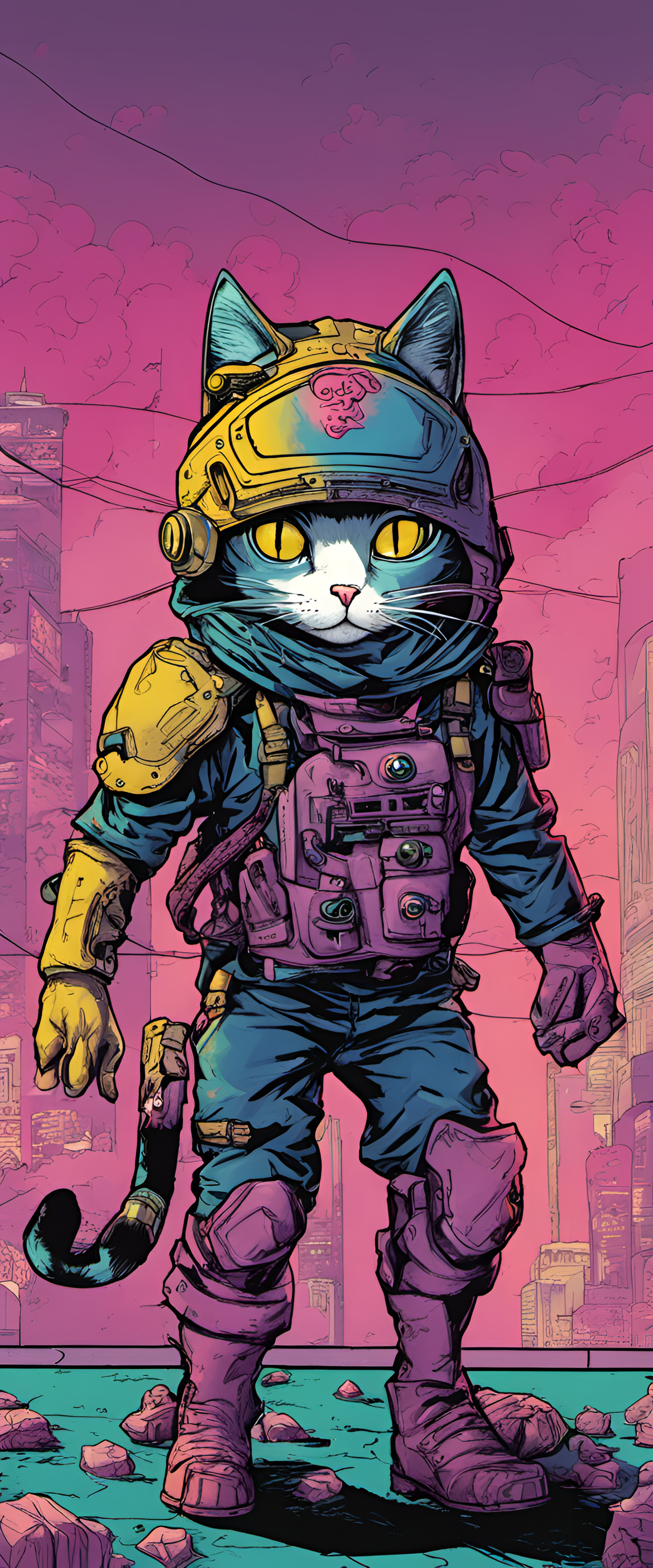 Digitally enhanced Hello Kitty with neon cyberpunk aesthetic.