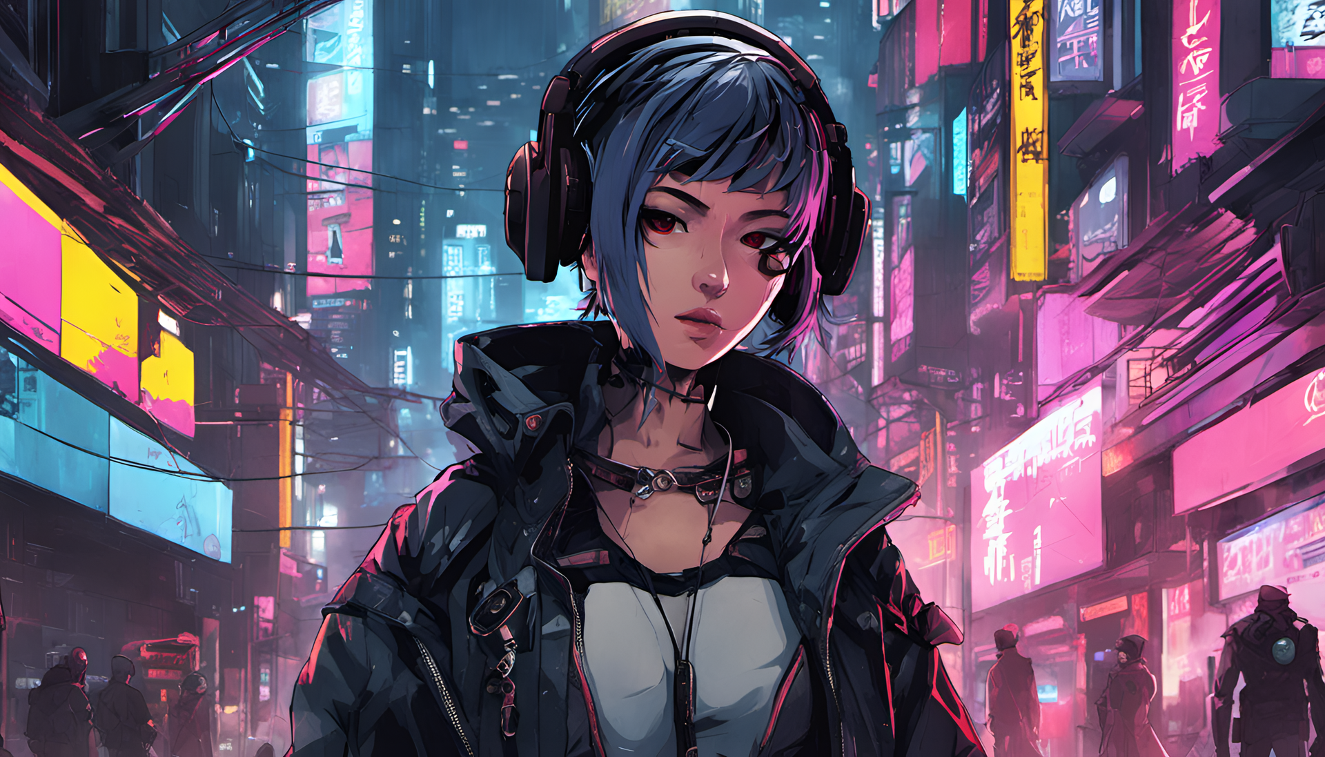 Cyberpunk-inspired anime wallpaper featuring futuristic cityscape.