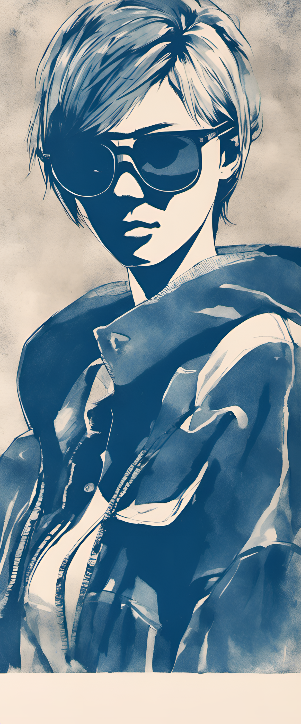 Cyanotype print of anime character with cool sunglasses.