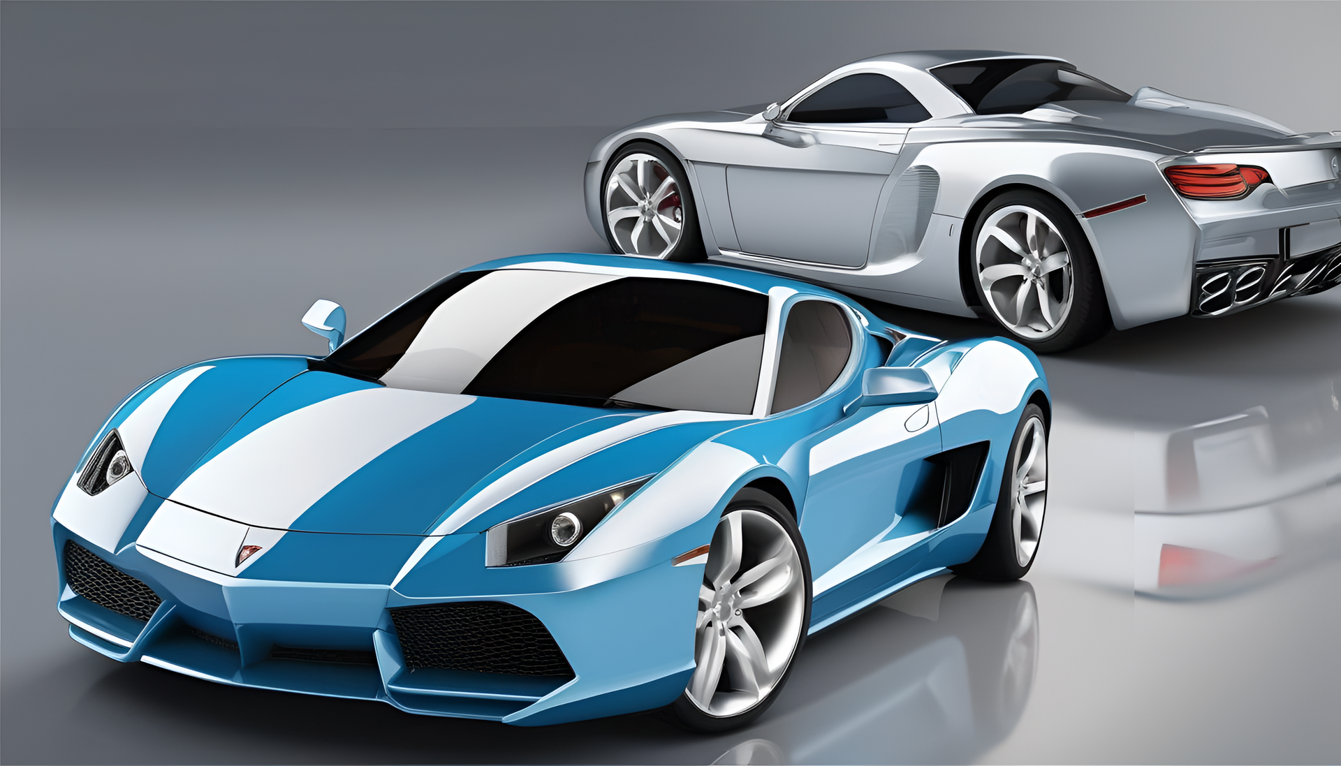 Highly detailed light blue and silver cool cars on a desktop wallpaper.