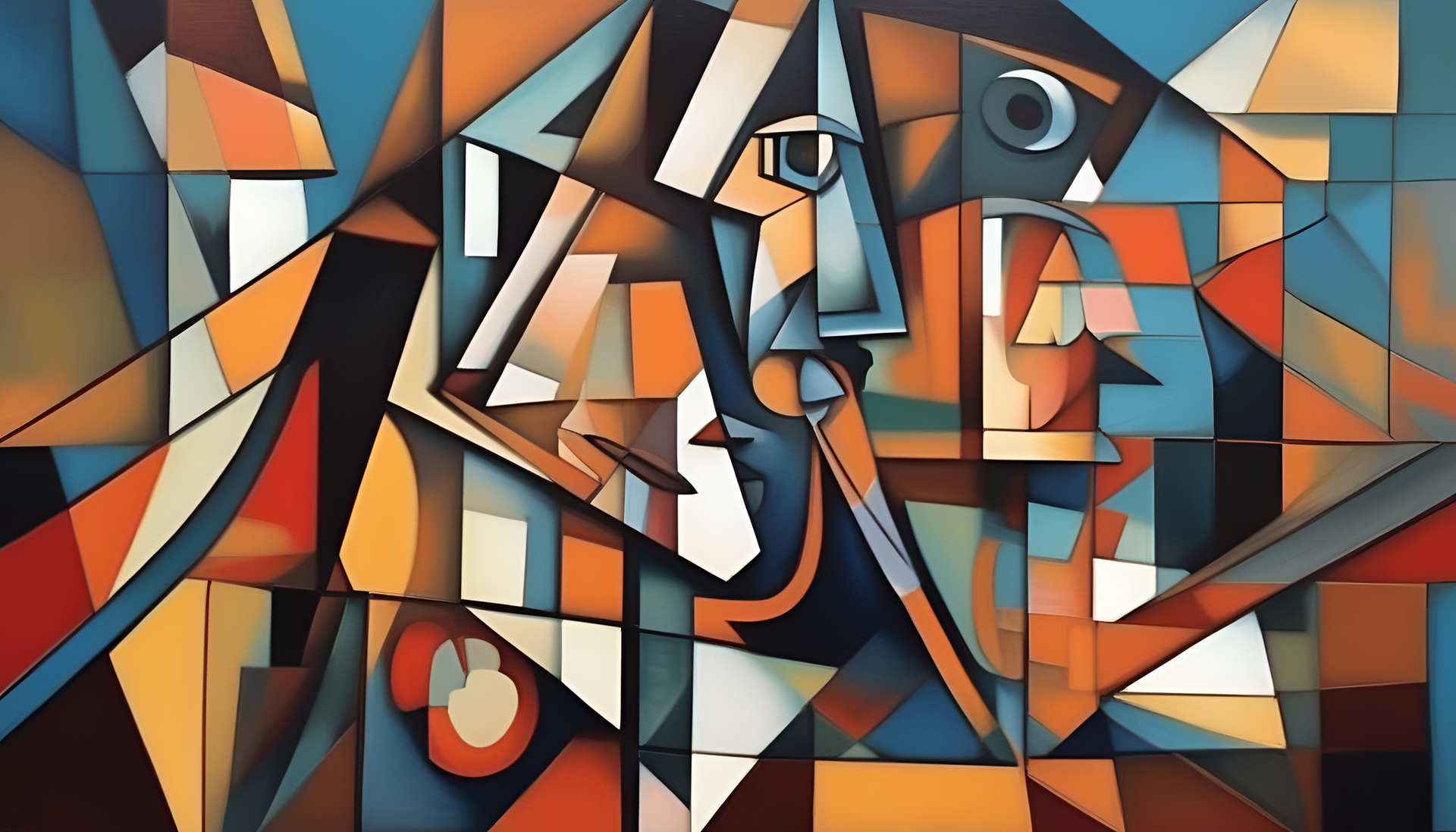 Abstract cubist artwork in cool tones.