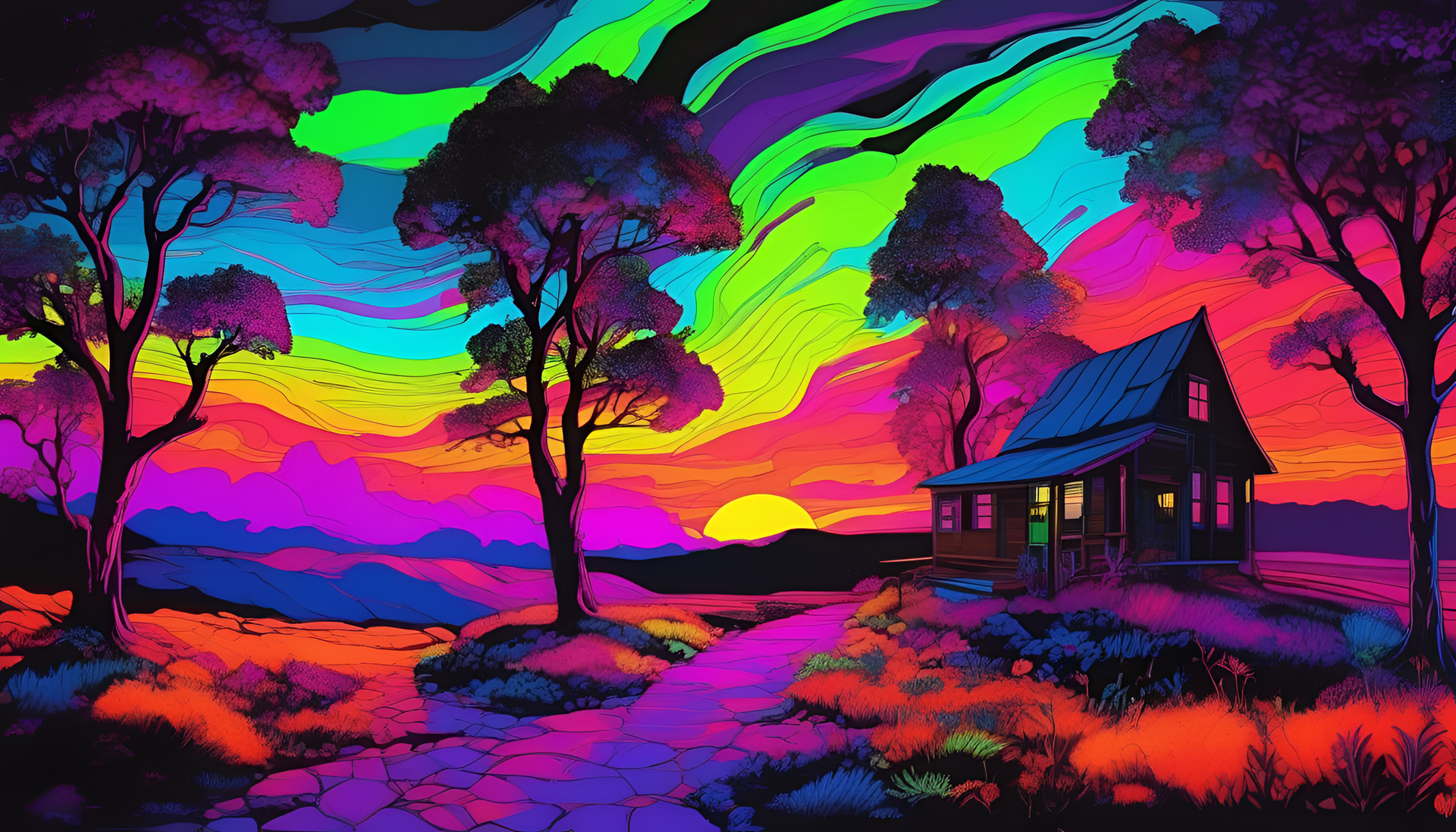 Vibrant country landscape at night, illuminated by blacklight.