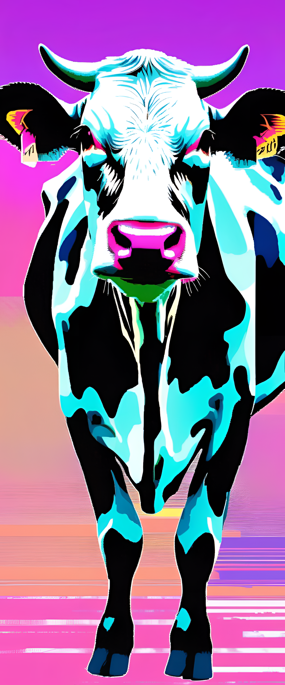 Vibrant, glitched cow print wallpaper.