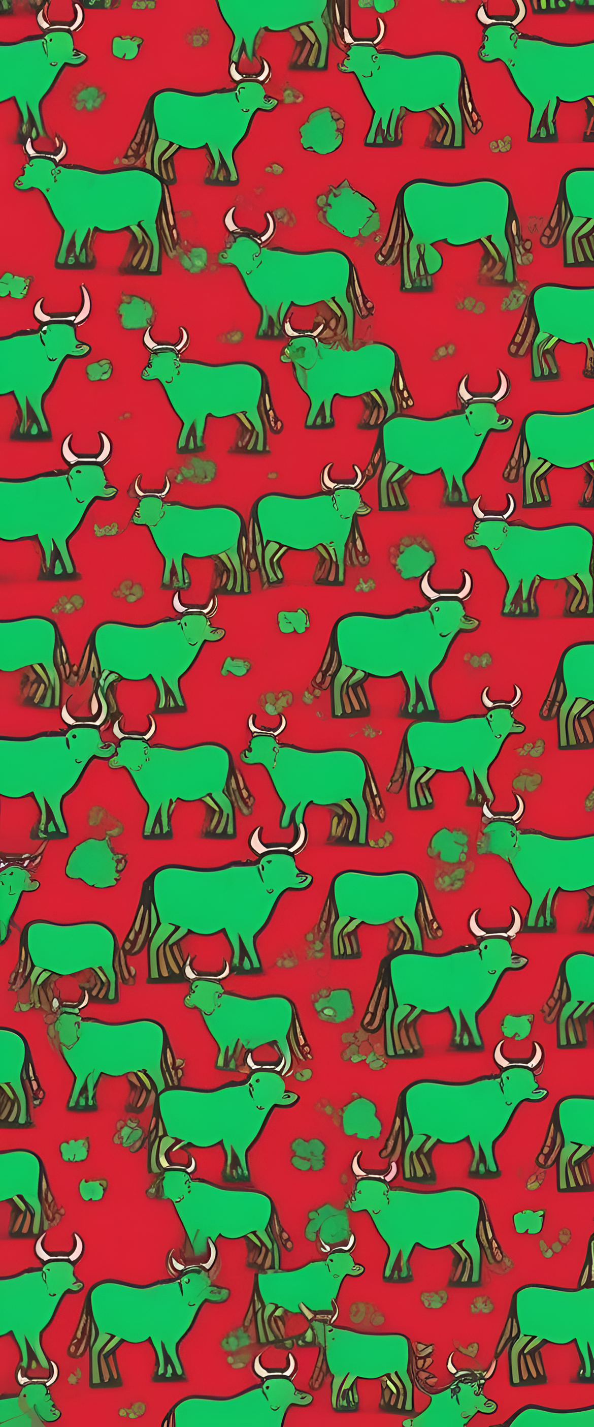 Abstract cow wallpaper featuring vibrant red and green colors.