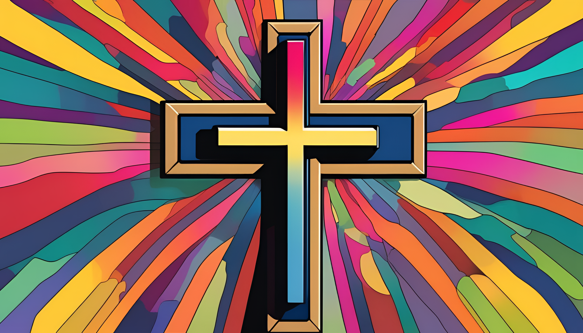 Colorful stylized cross on a vibrant background.