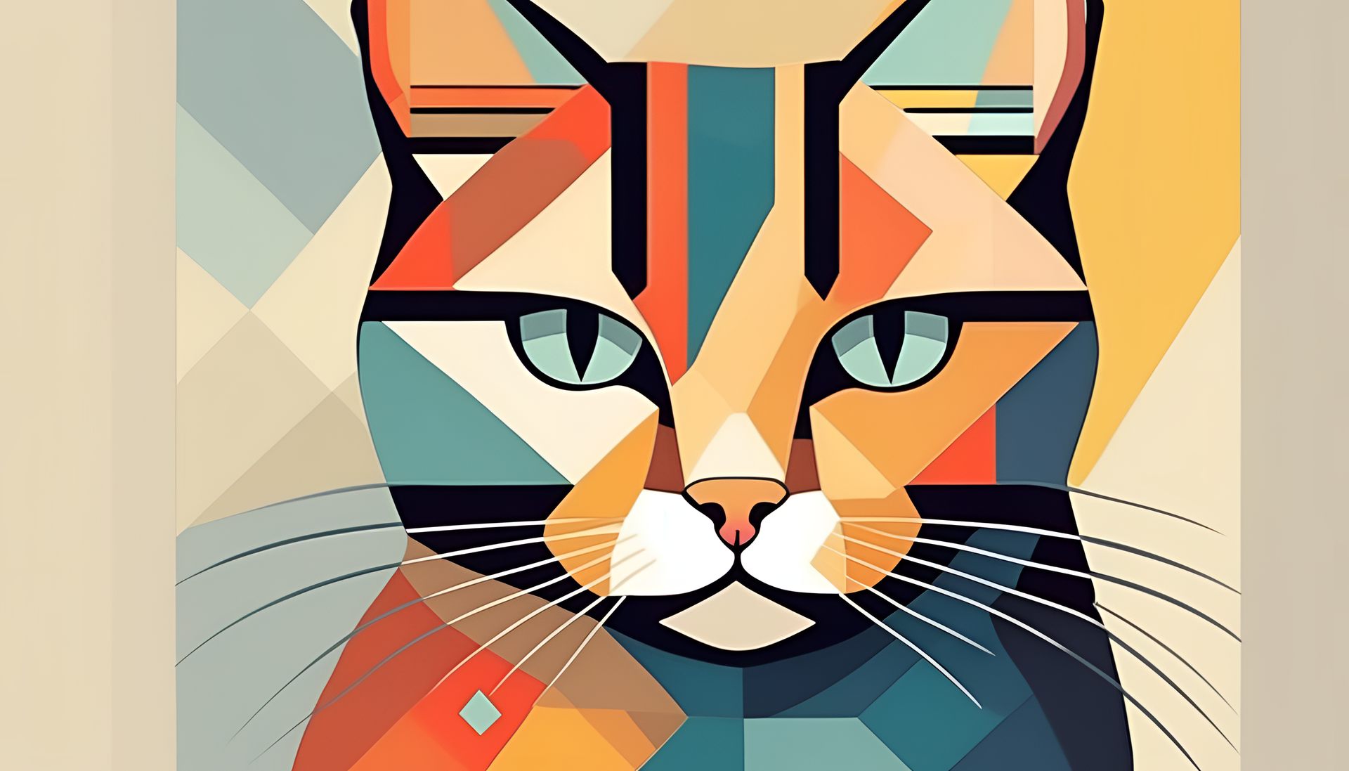 Cubist cute cat against colorful geometric background.