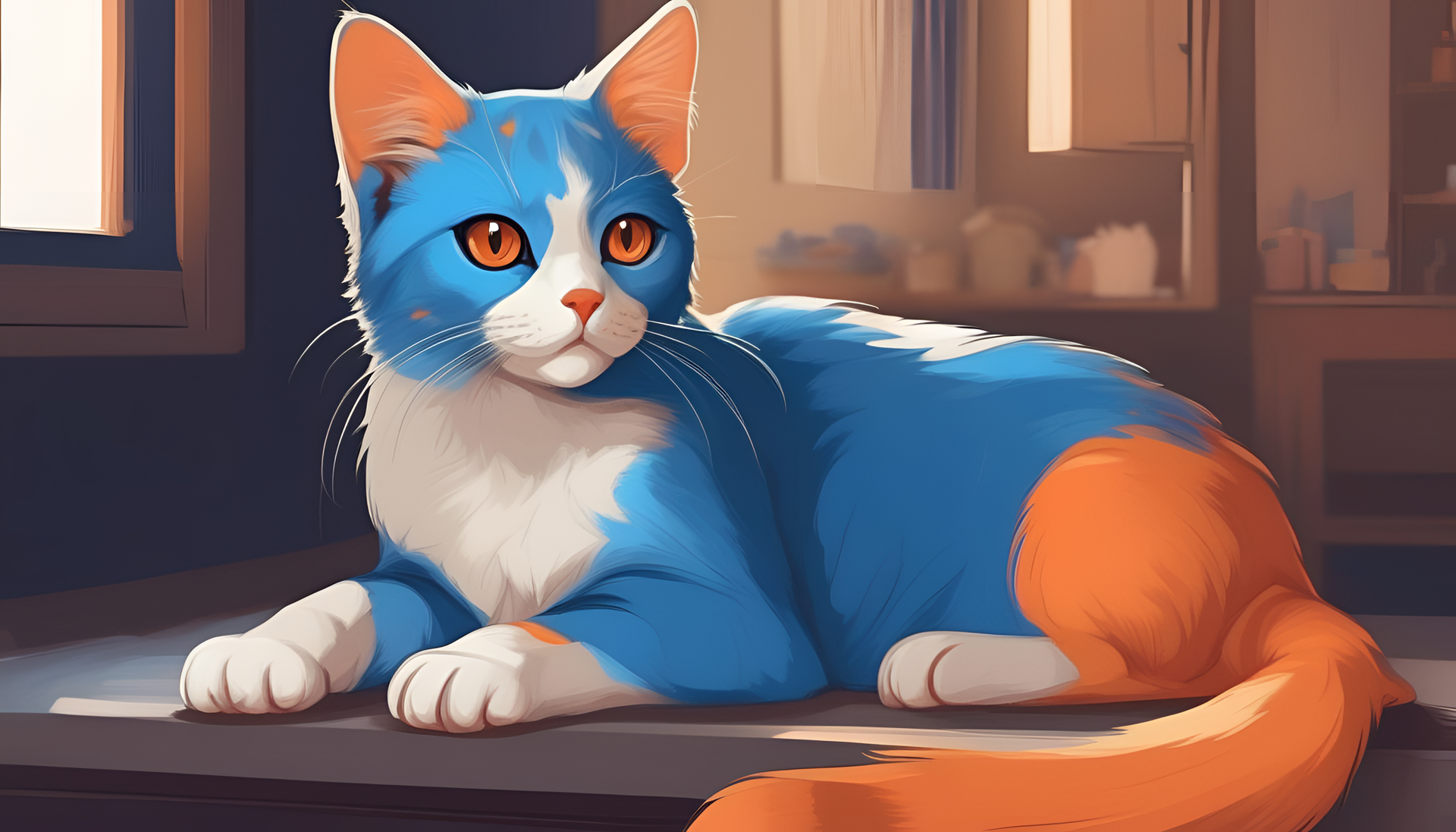 Cute blue and orange cat sitting gracefully.