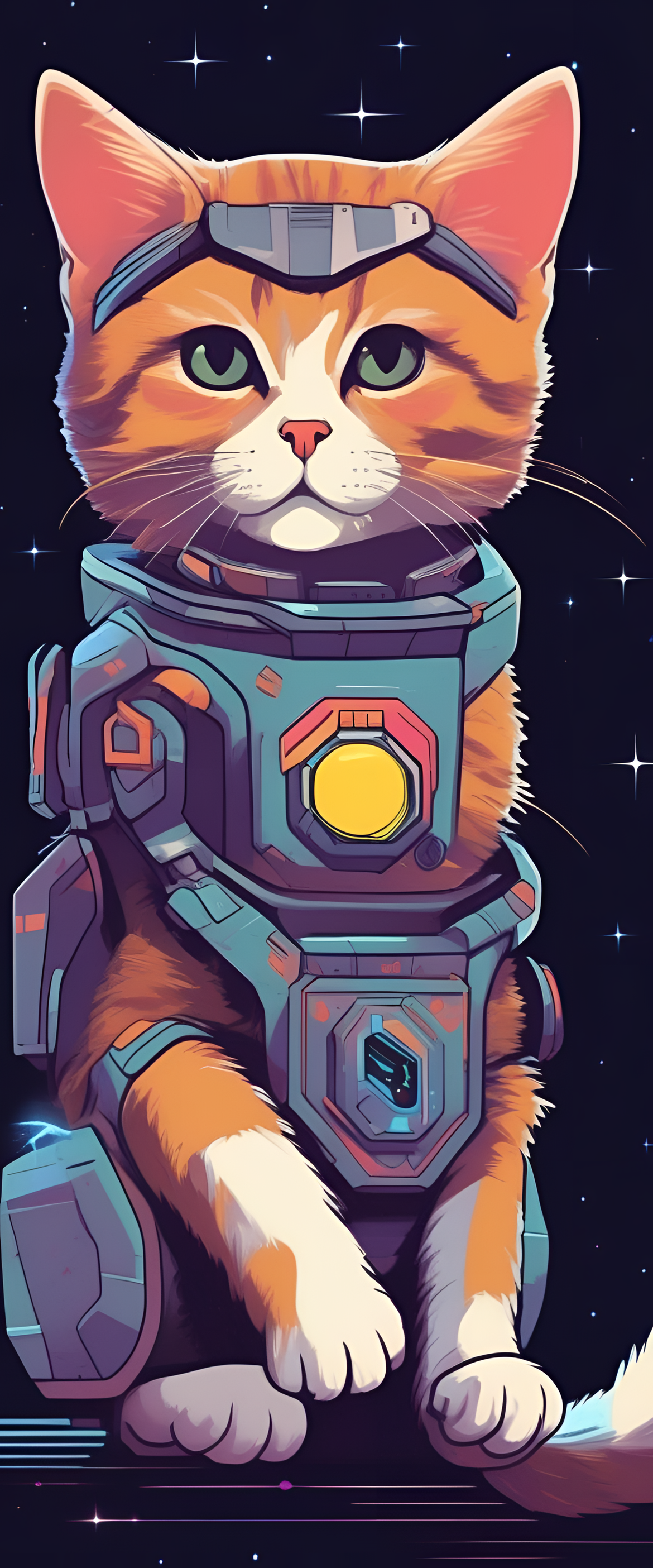 Cute cat with futuristic 80's sci-fi vibes on phone wallpaper.