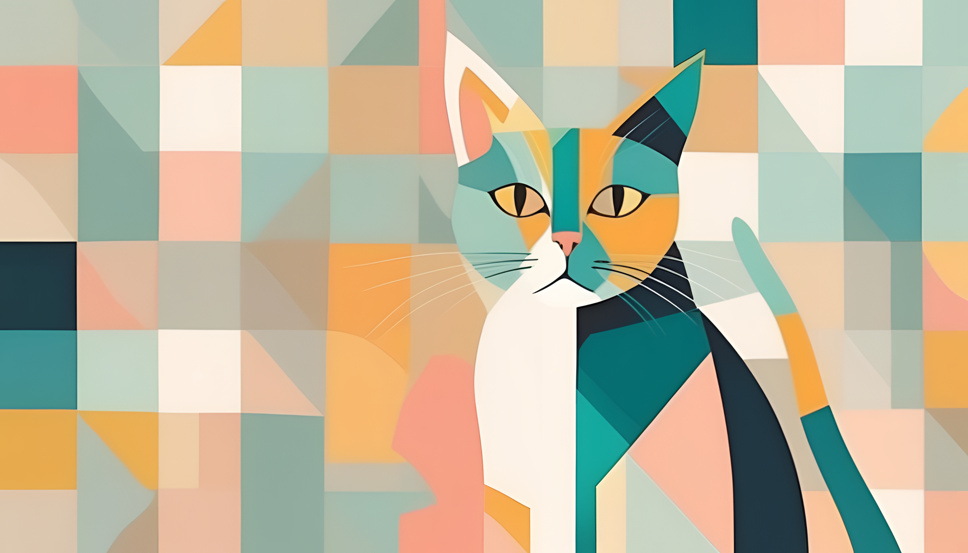 Colorful cubist cat against pastel backdrop