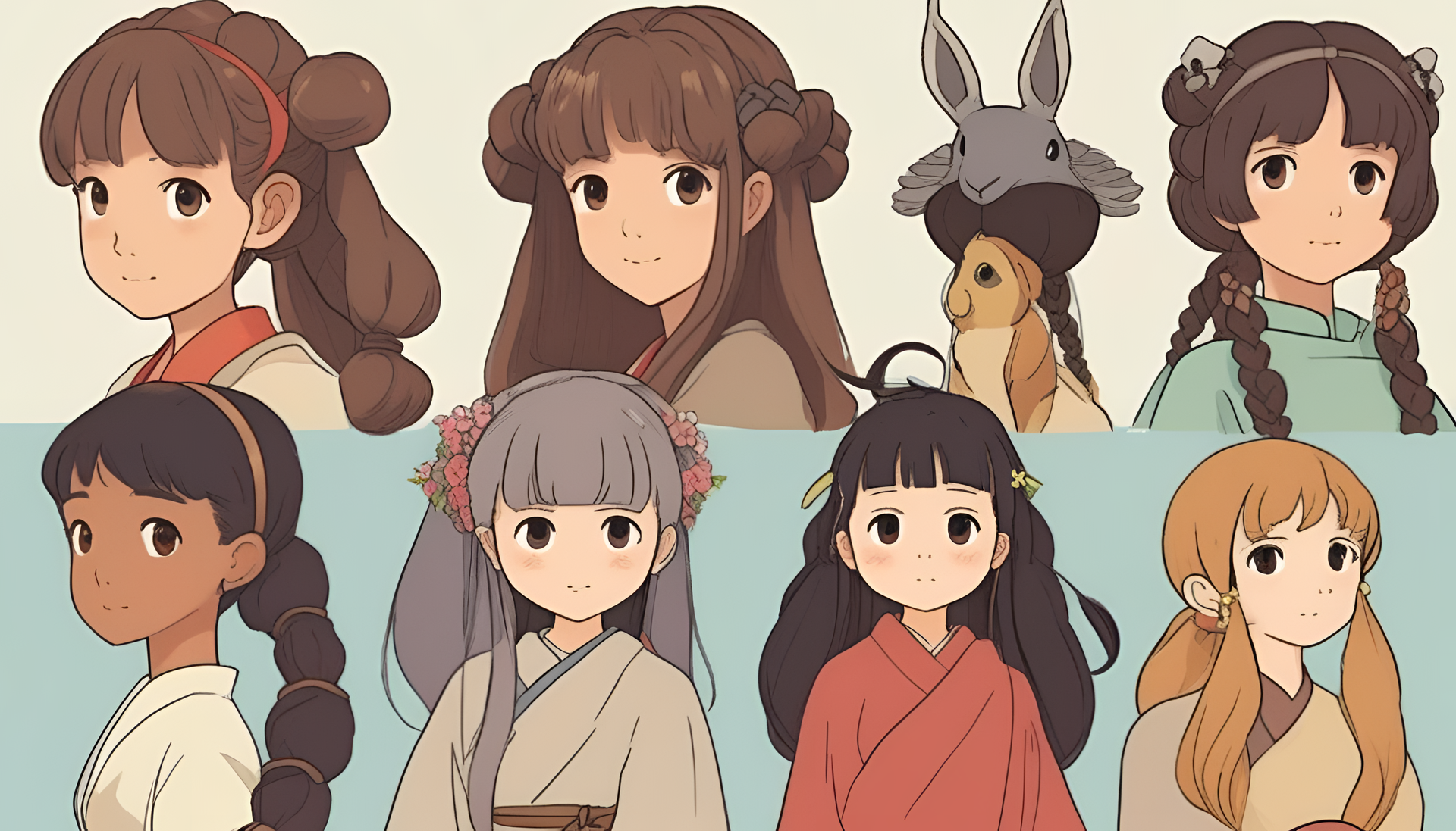 Cute hairstyles in Studio Ghibli style.