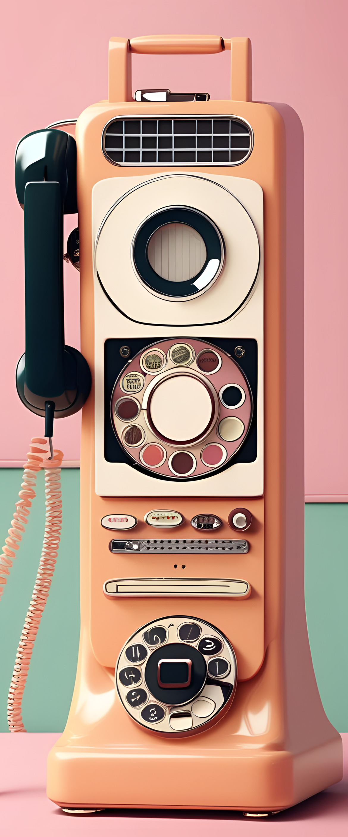 Pastel-colored retro phone with adorable cartoon design on the screen.