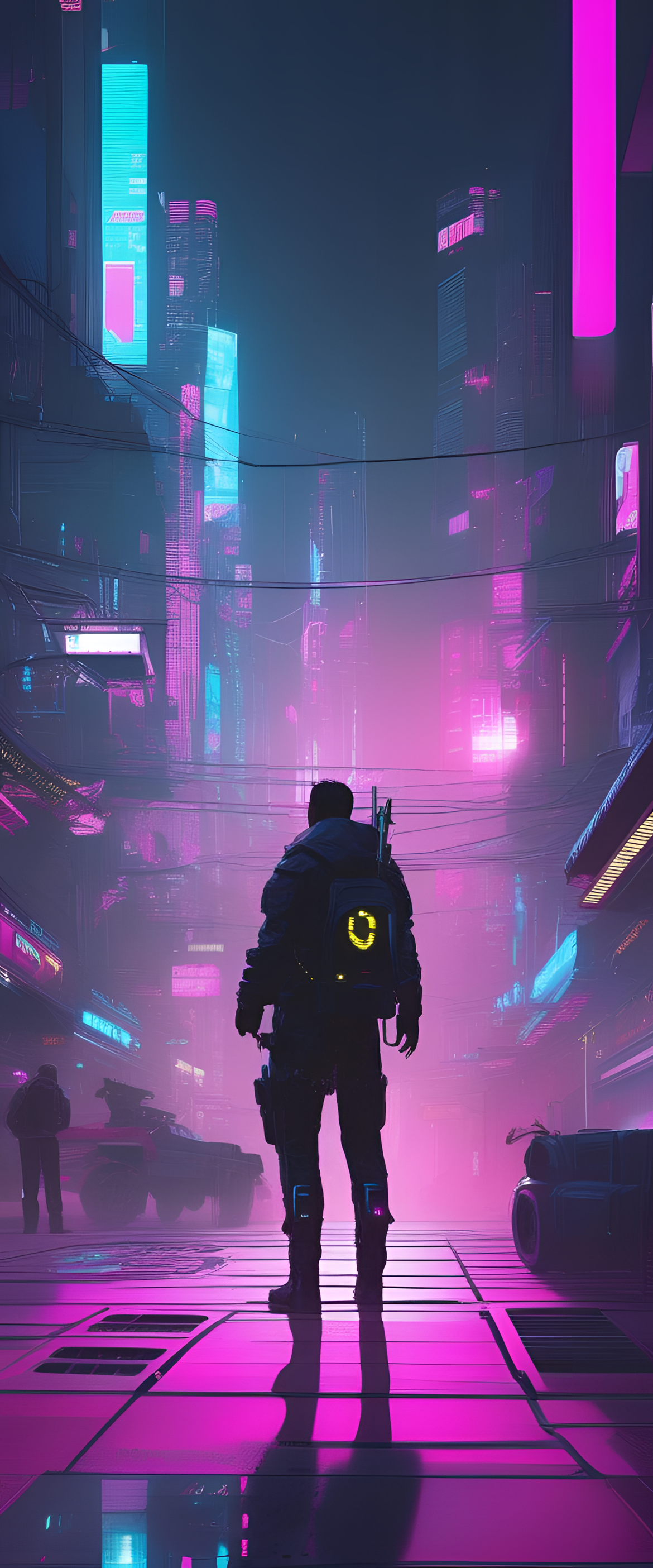 Vibrant Cyberpunk cityscape with neon lights at night.