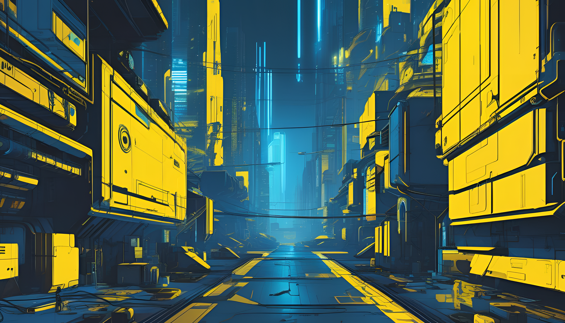 Vibrant cyberpunk cityscape with blue and yellow hues.