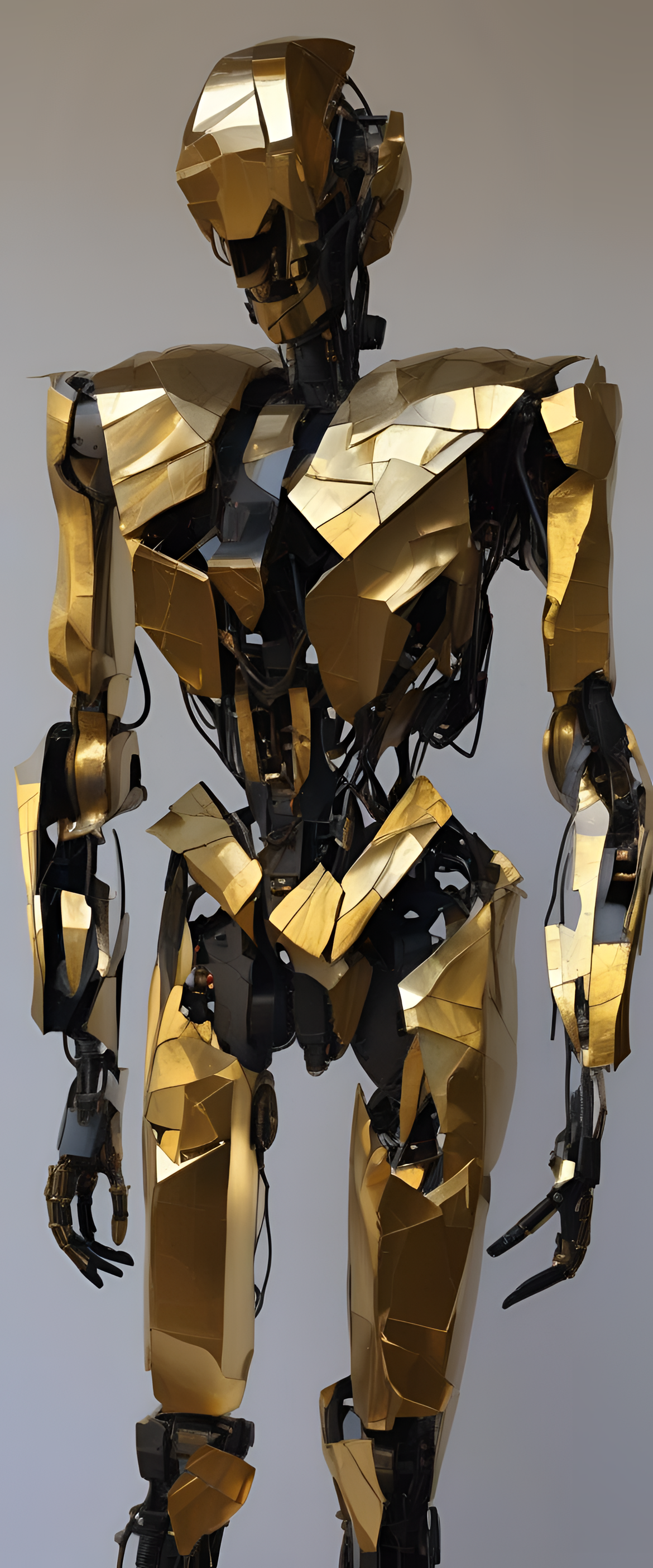 Golden robotic sculpture with cracked, deconstructive design on a dark background