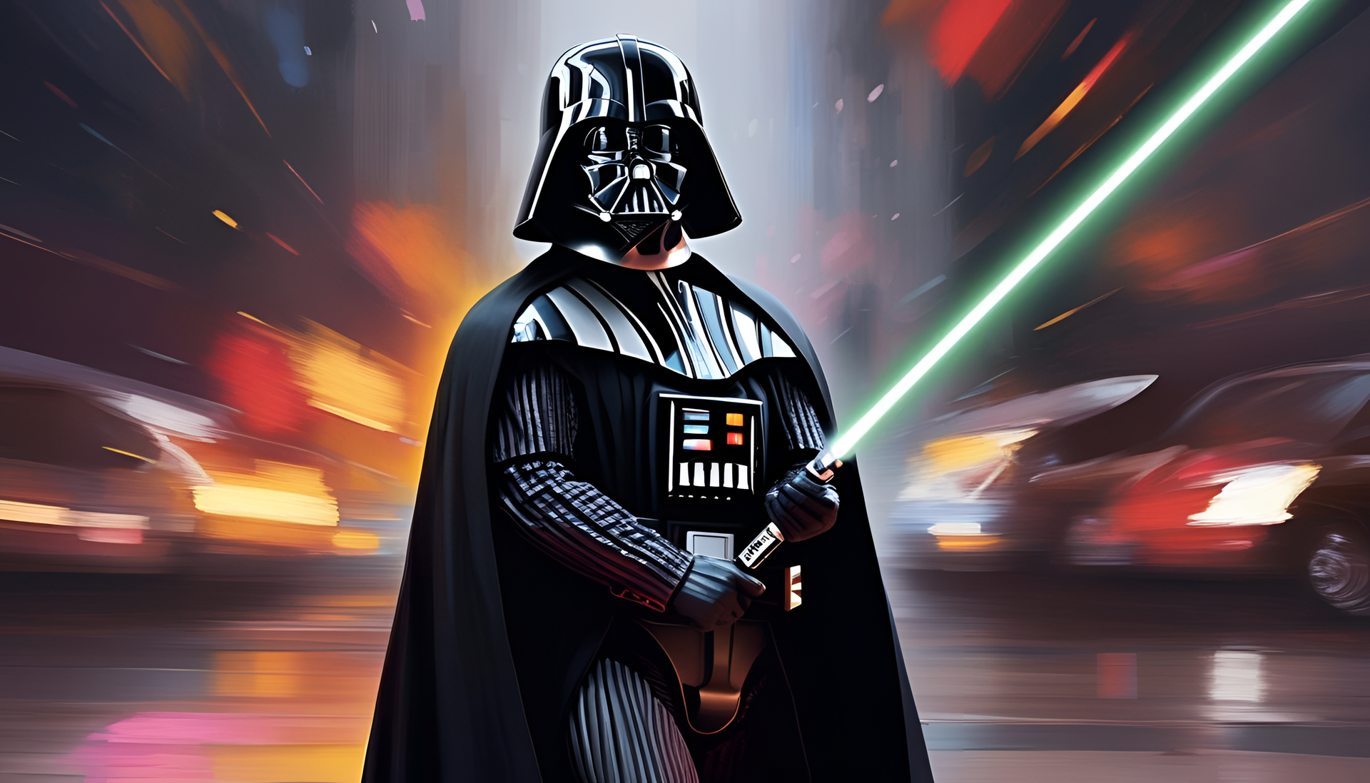 Impressionist portrait of Darth Vader in high-definition.