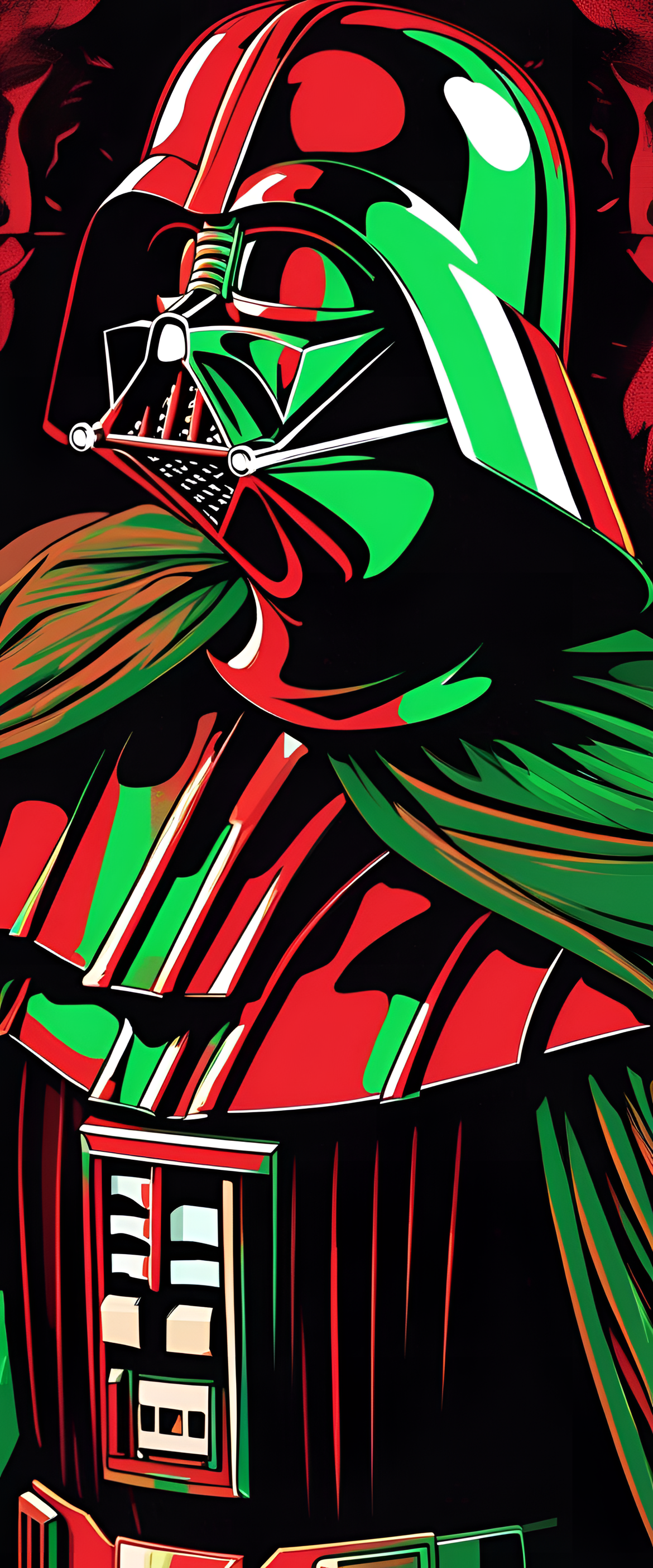 Darth Vader wearing a red and green colored wallpaper on a phone.