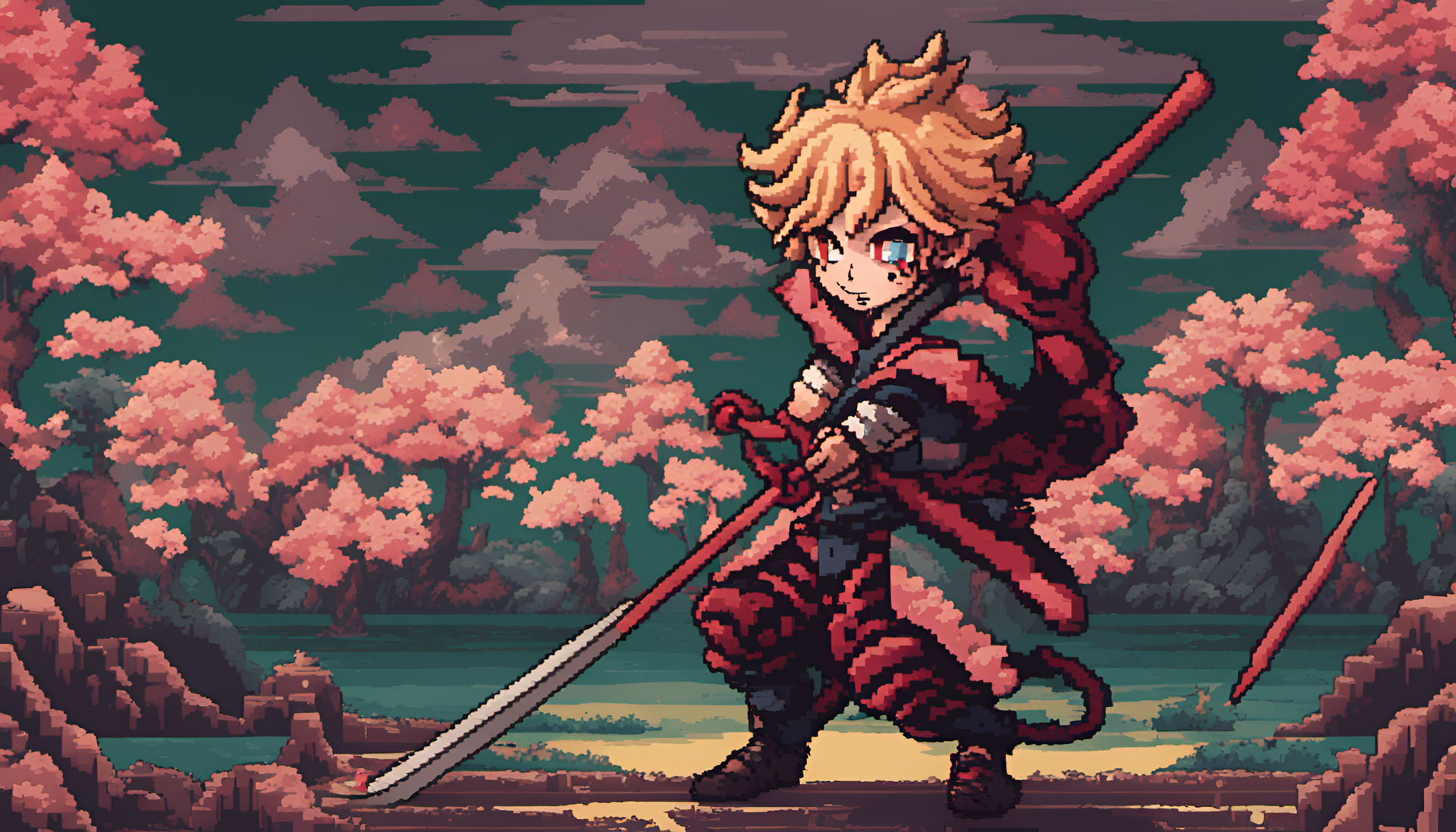 Pixel art of a detailed Demon Slayer character.