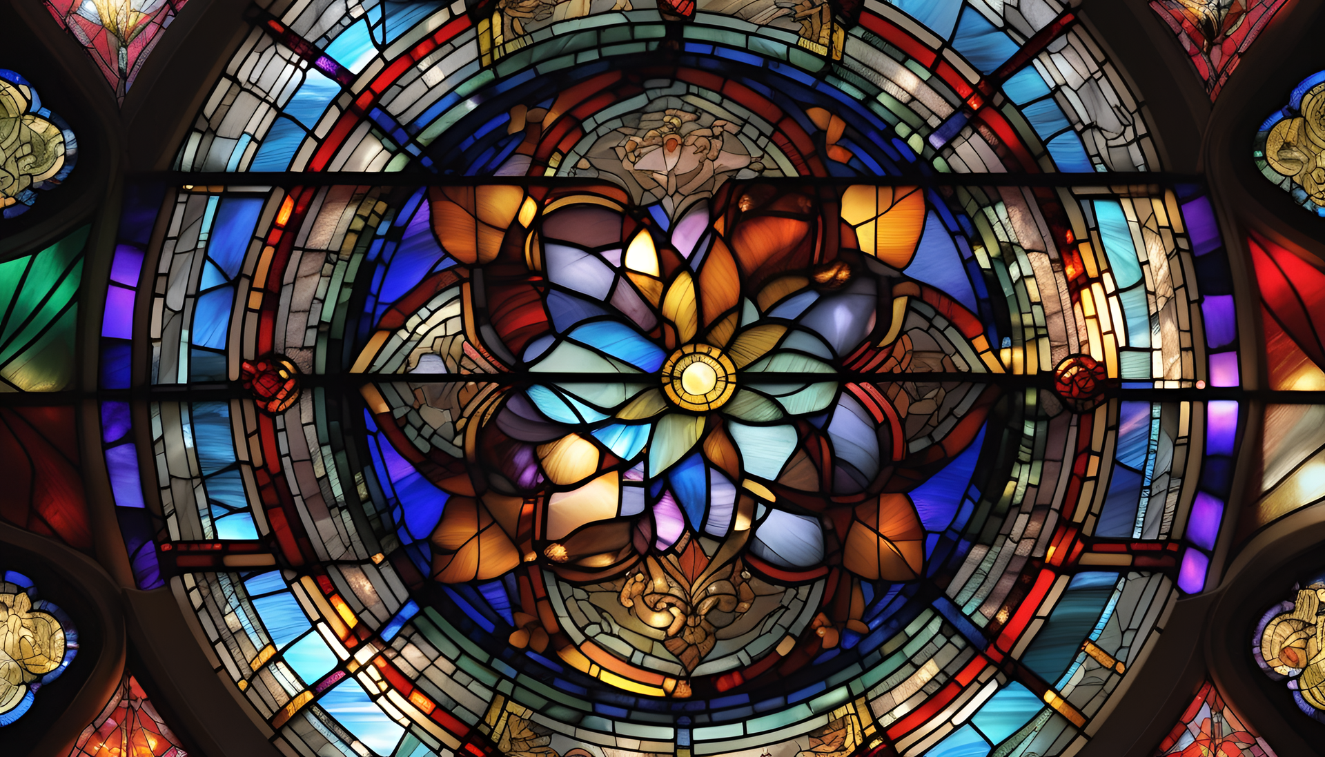 Colorful desktop background featuring a stained glass design.